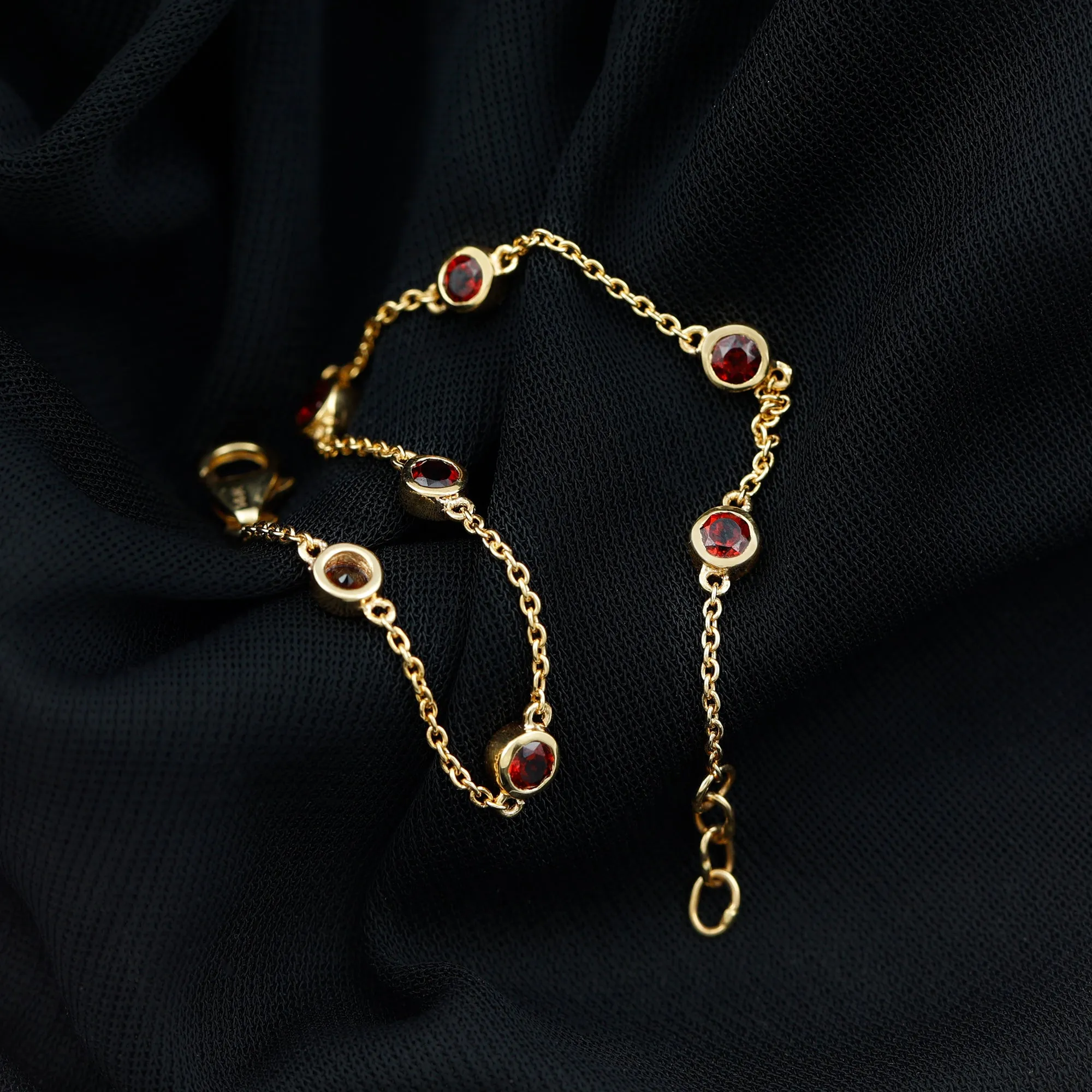 1 CT Bezel Set Garnet Seven Stone Station Chain Bracelet