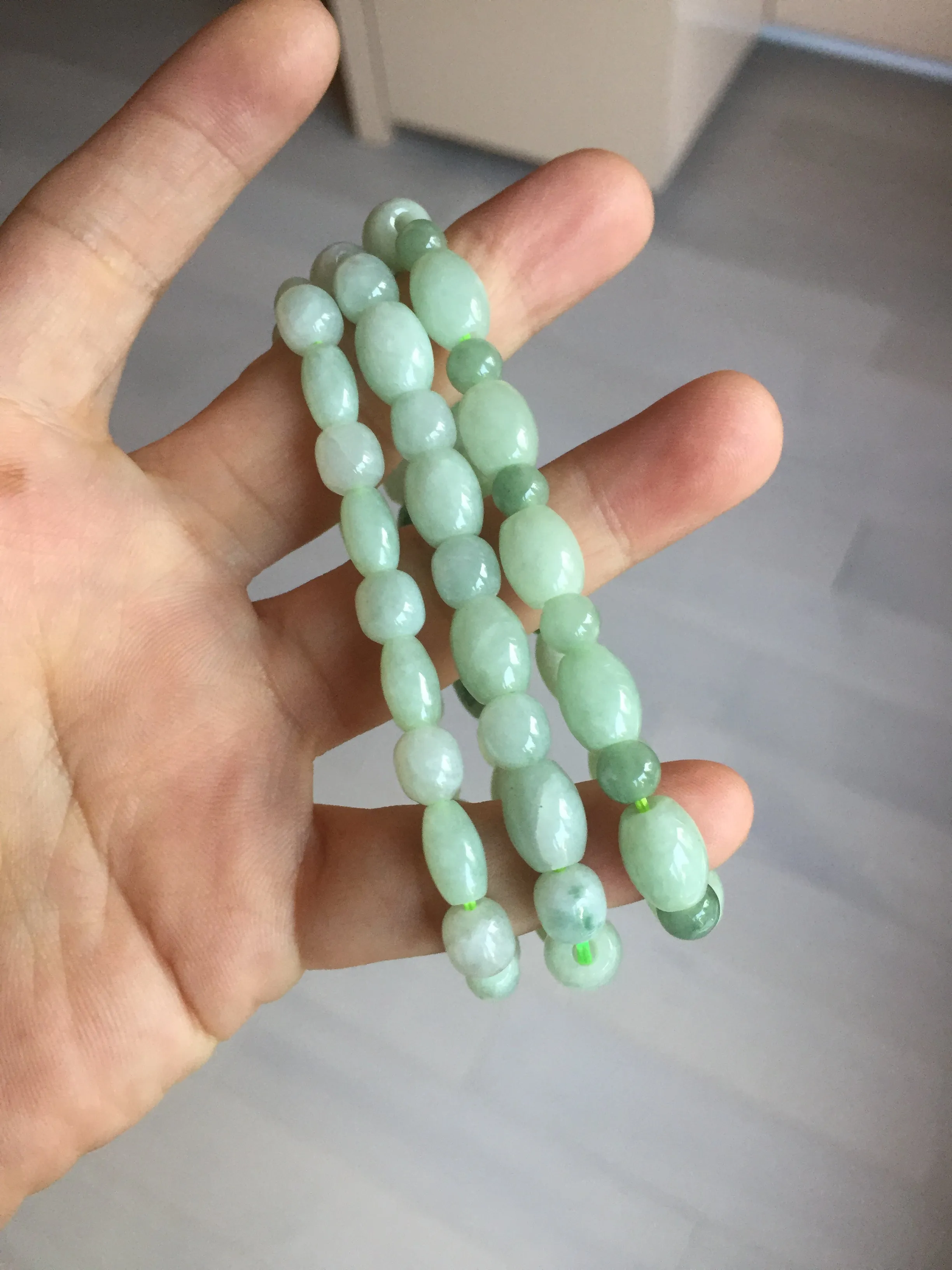 100% natural type A icy watery light green olive shape(LU LU TONG) beads jadeite jade bracelet group BP147