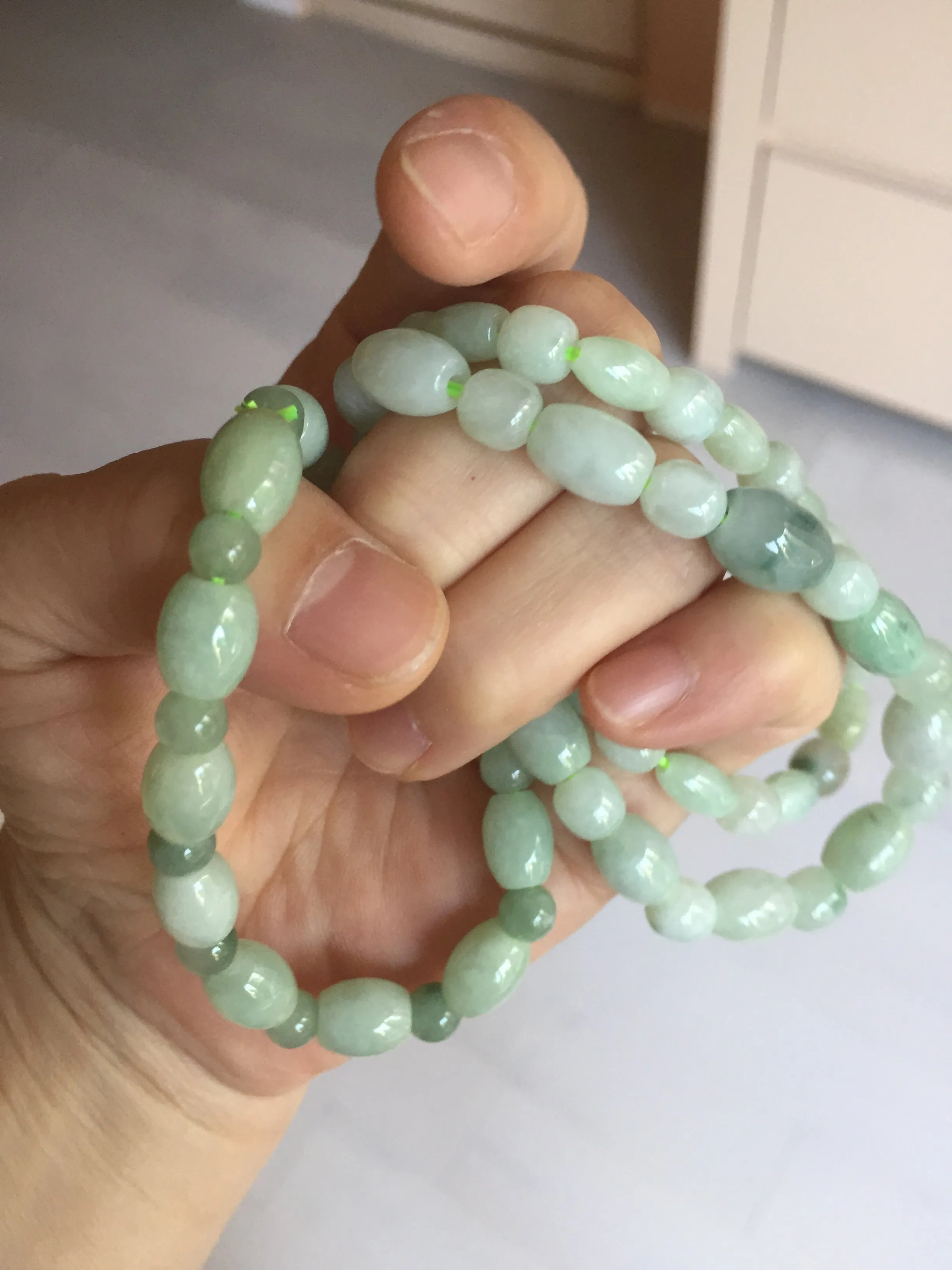 100% natural type A icy watery light green olive shape(LU LU TONG) beads jadeite jade bracelet group BP147