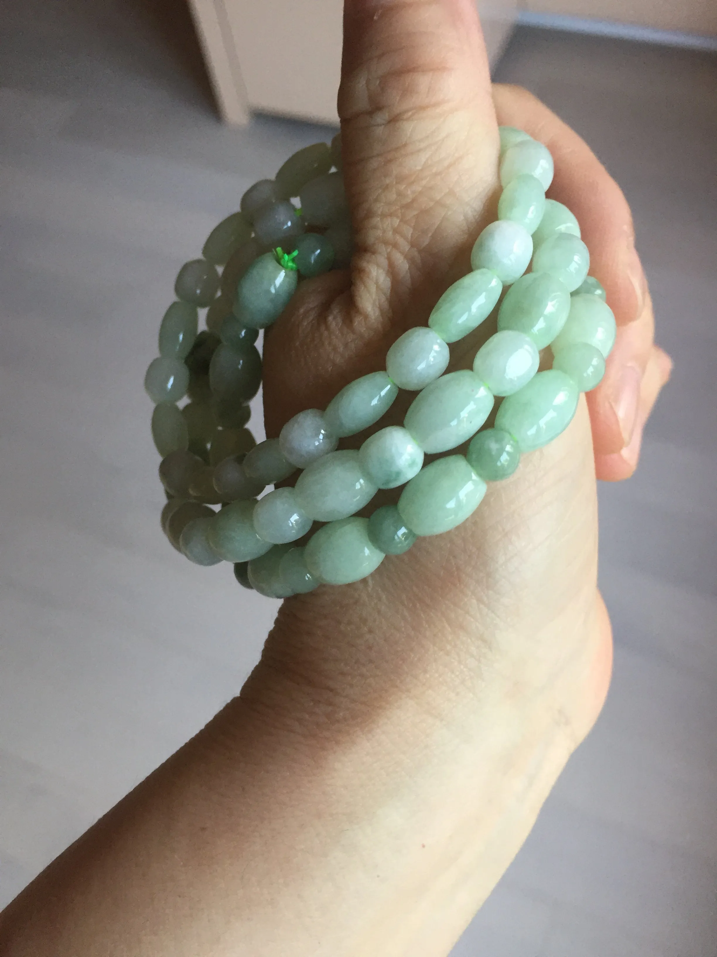 100% natural type A icy watery light green olive shape(LU LU TONG) beads jadeite jade bracelet group BP147
