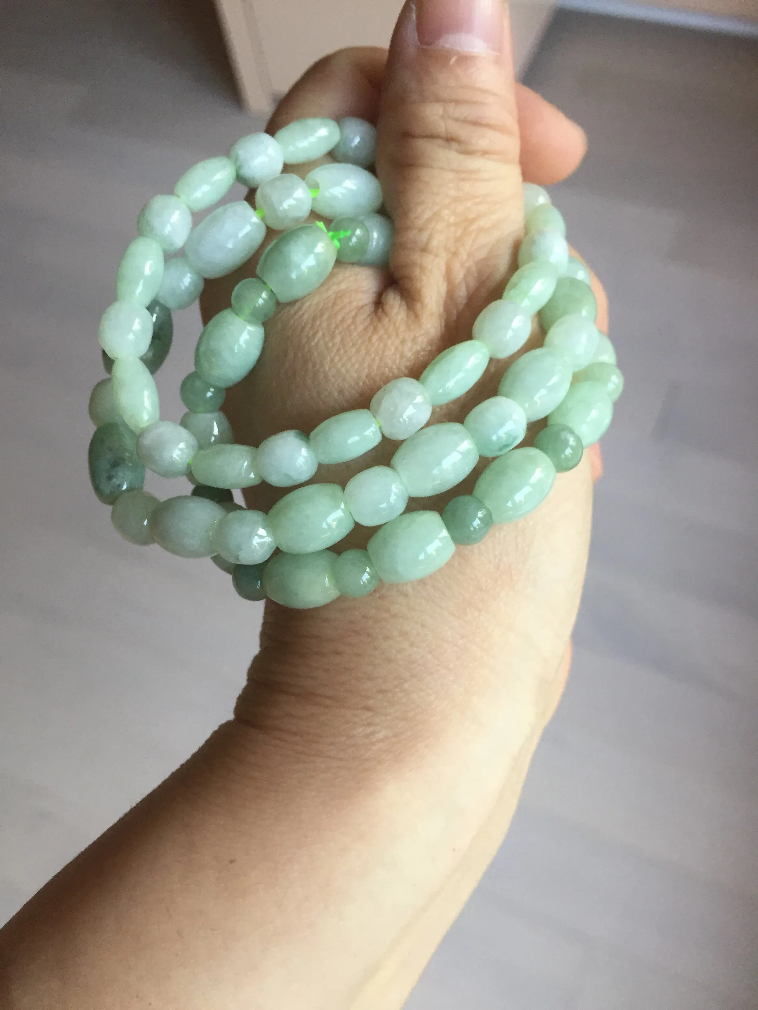 100% natural type A icy watery light green olive shape(LU LU TONG) beads jadeite jade bracelet group BP147