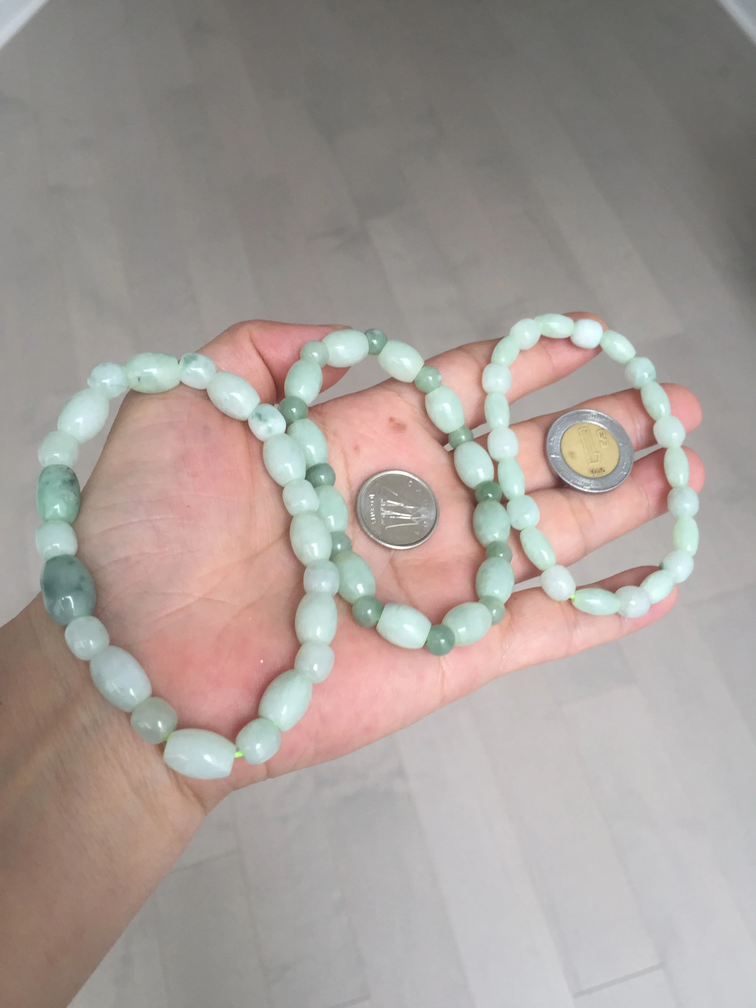 100% natural type A icy watery light green olive shape(LU LU TONG) beads jadeite jade bracelet group BP147