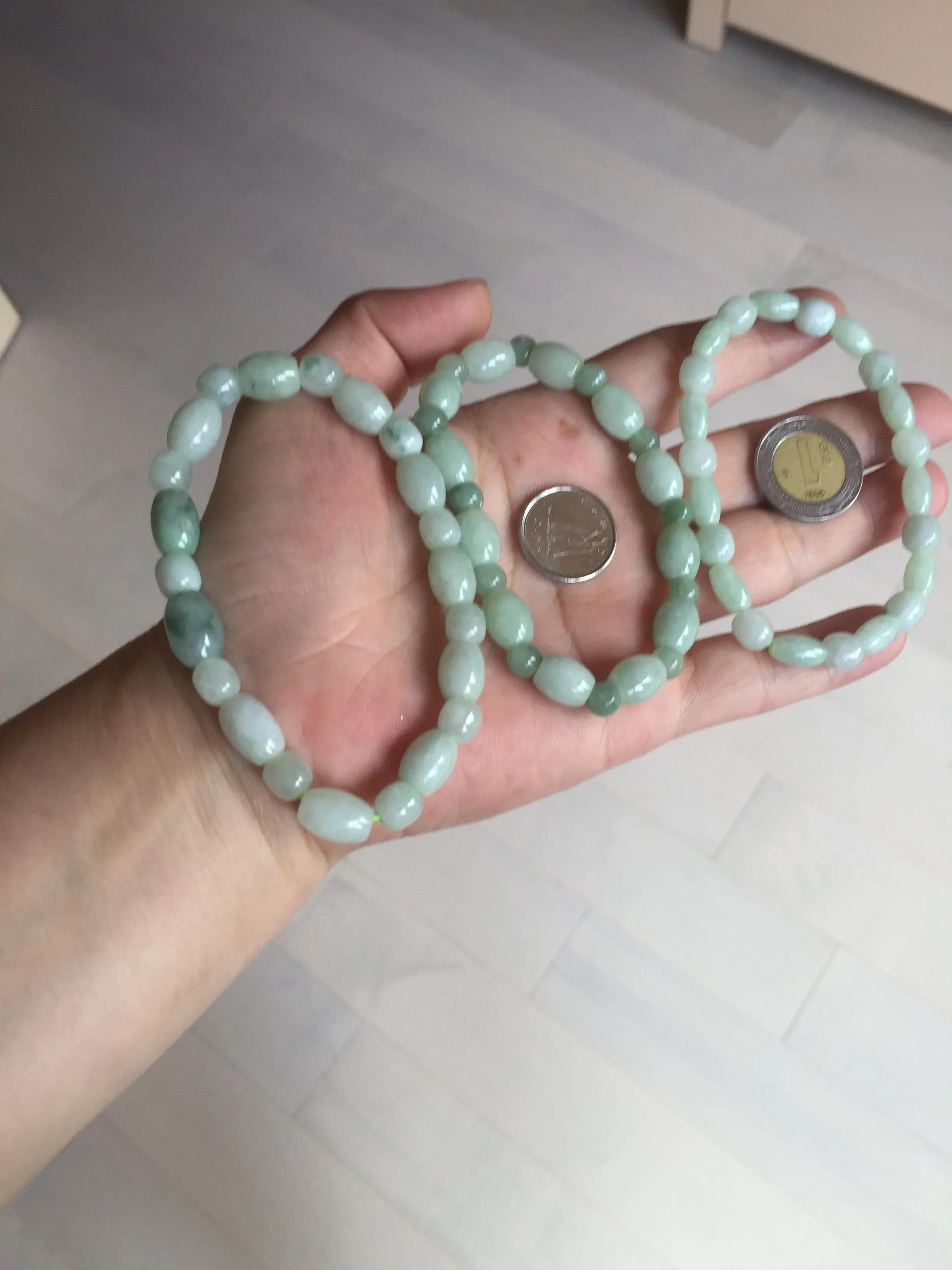 100% natural type A icy watery light green olive shape(LU LU TONG) beads jadeite jade bracelet group BP147