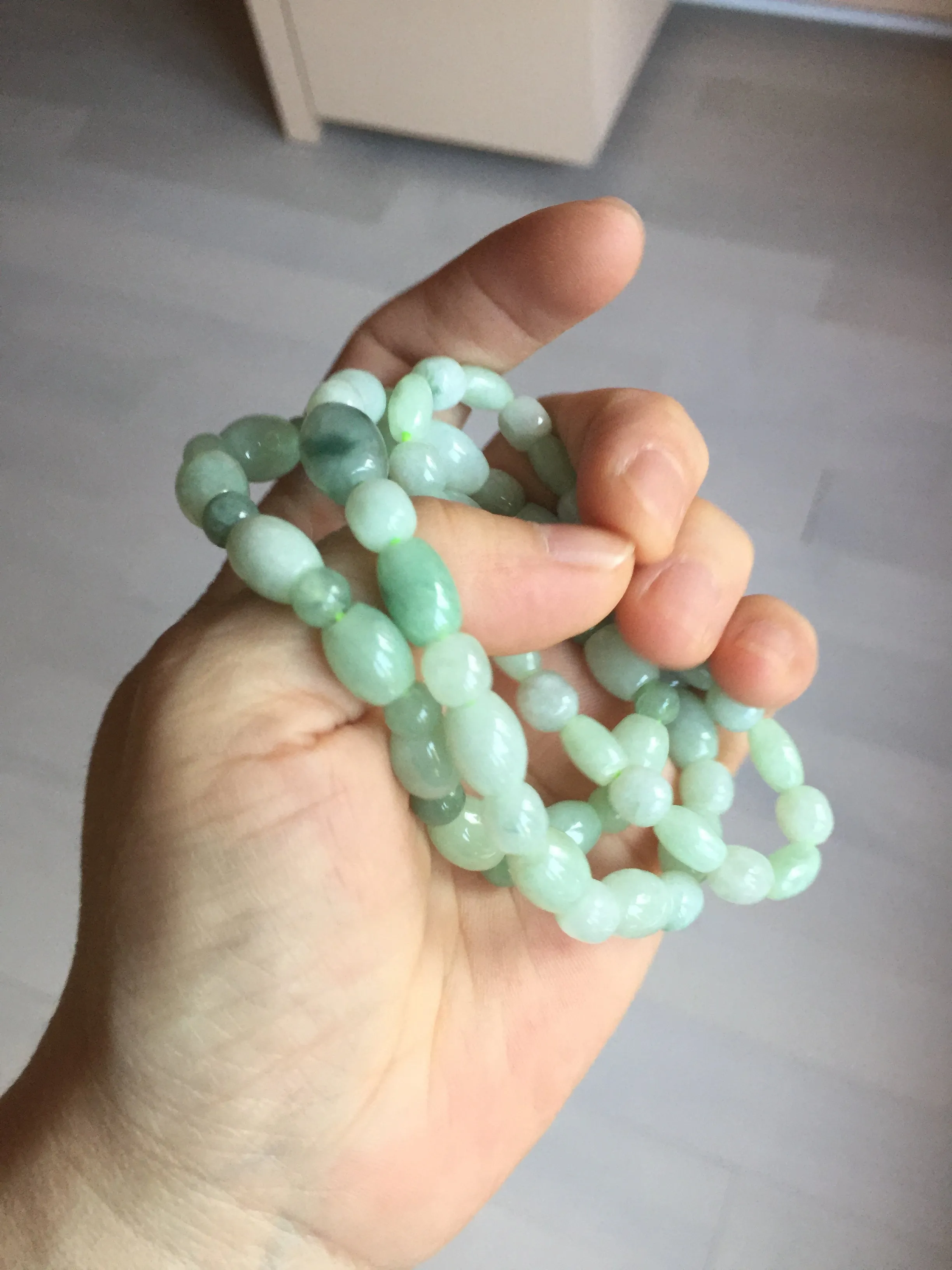 100% natural type A icy watery light green olive shape(LU LU TONG) beads jadeite jade bracelet group BP147