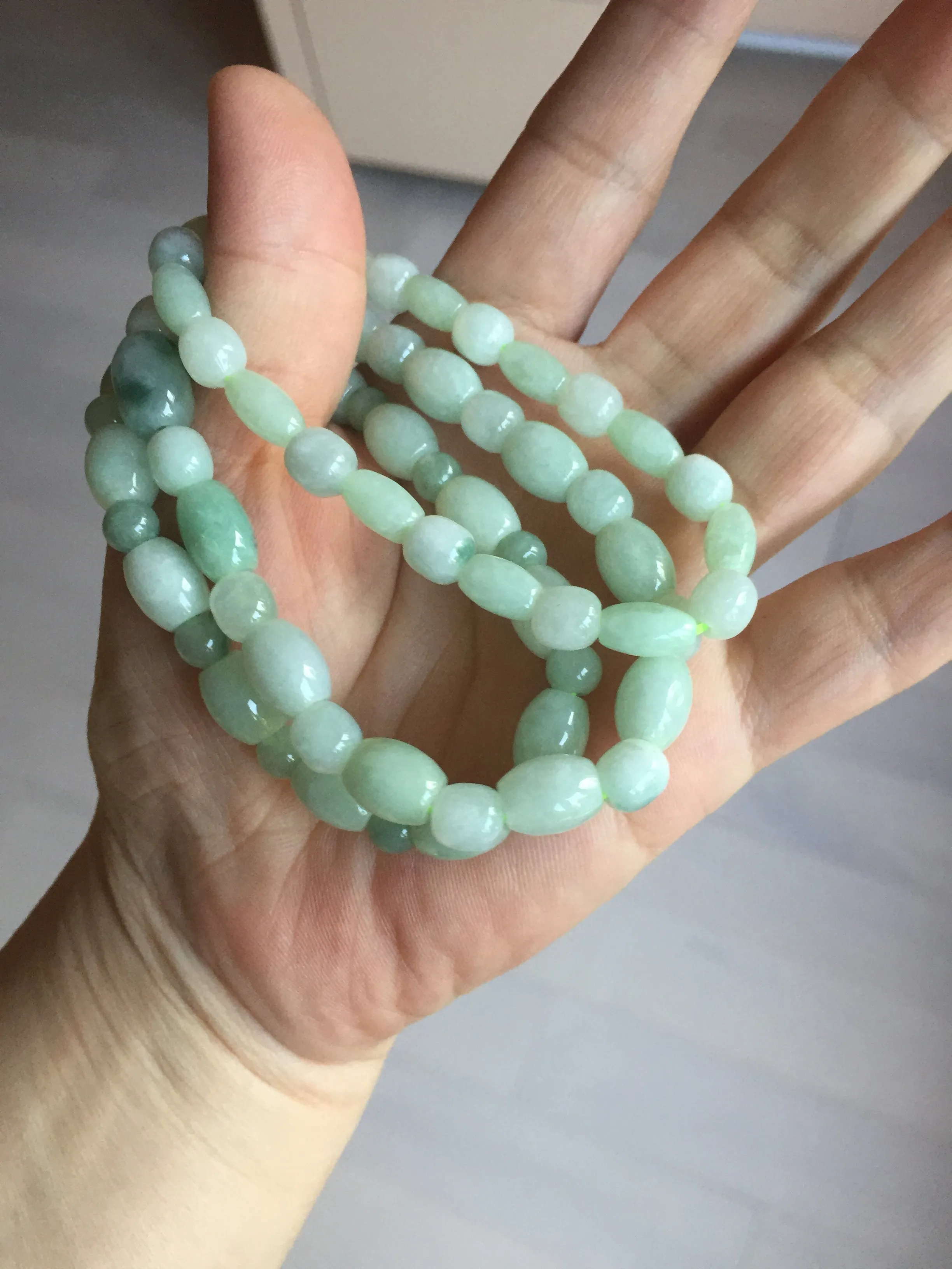 100% natural type A icy watery light green olive shape(LU LU TONG) beads jadeite jade bracelet group BP147