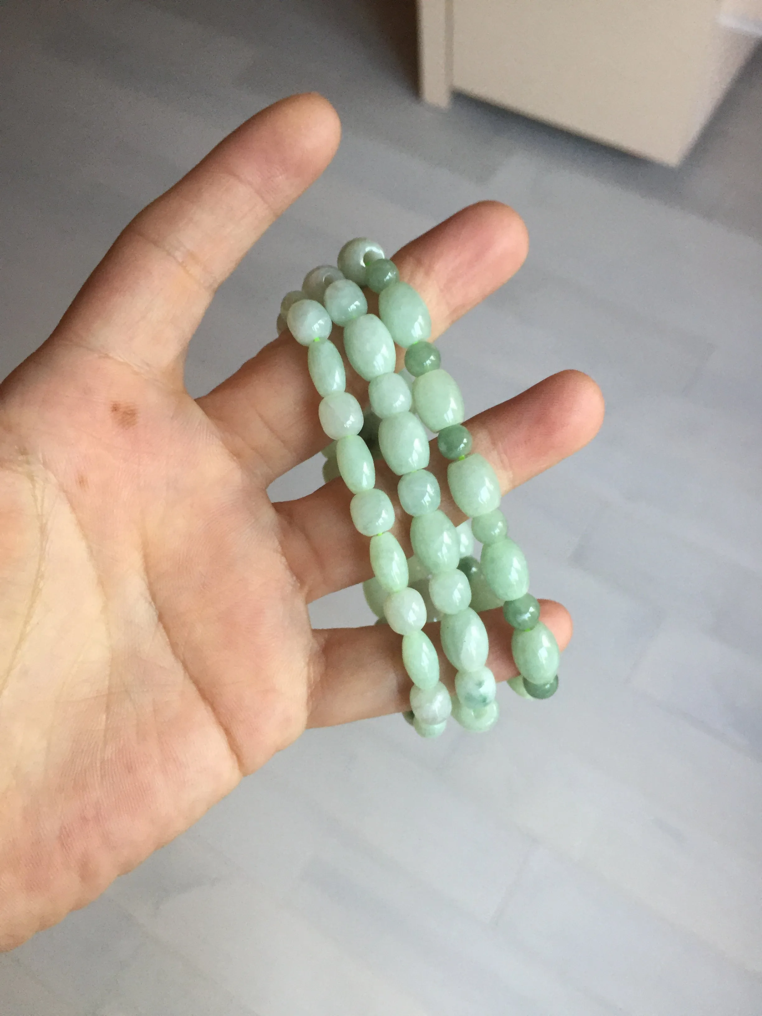 100% natural type A icy watery light green olive shape(LU LU TONG) beads jadeite jade bracelet group BP147