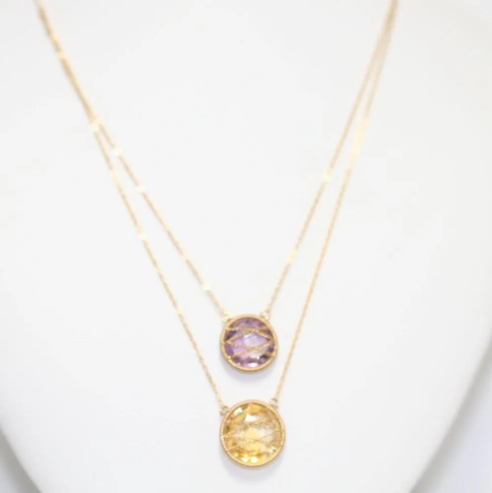 10KT YG Gemstone Necklace Amethyst and Citrine Necklace Gold Chain Necklace Long Necklace Layered Necklace SKU 107877