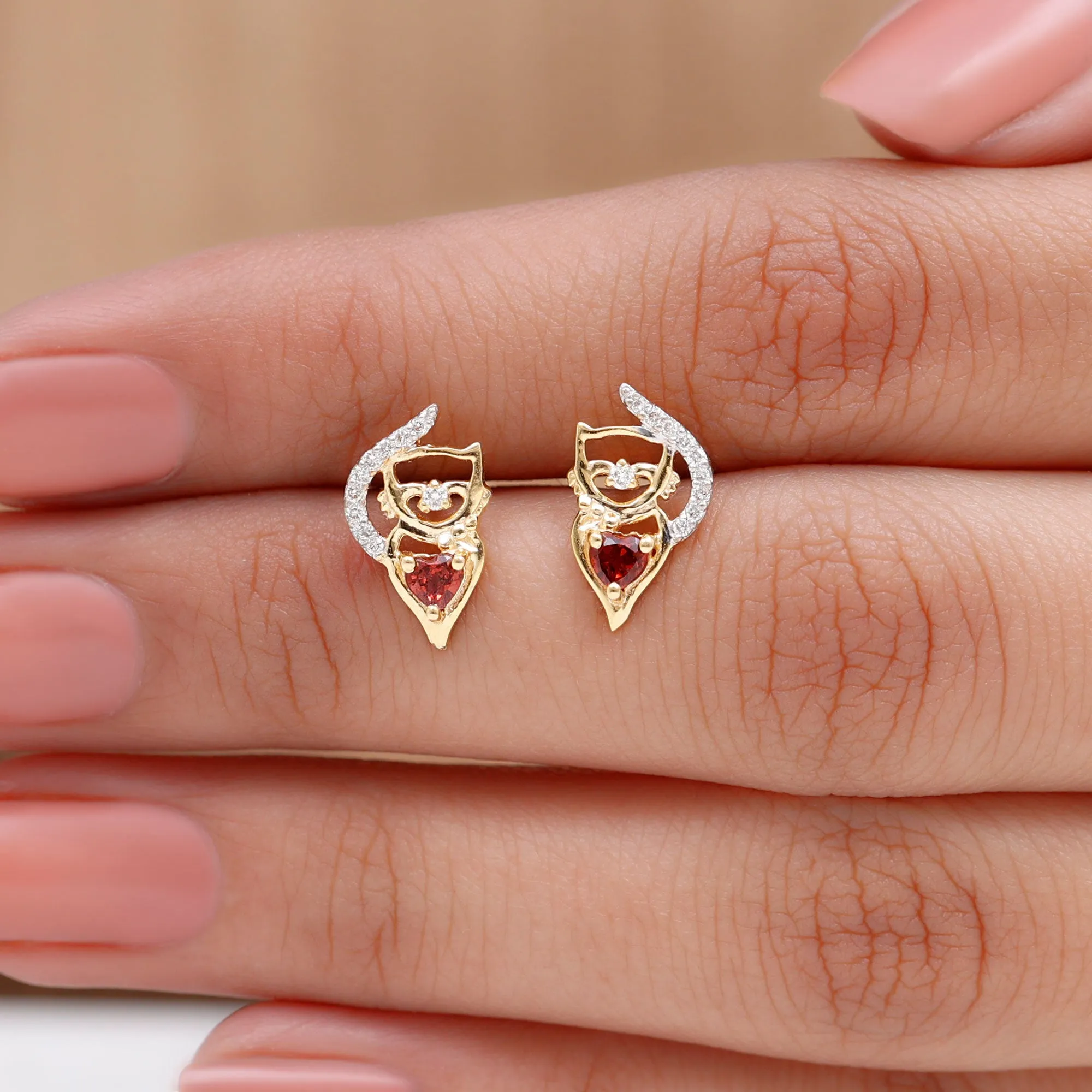 1/2 CT Cat Stud Earrings with Heart Shape Garnet and Diamond Accent