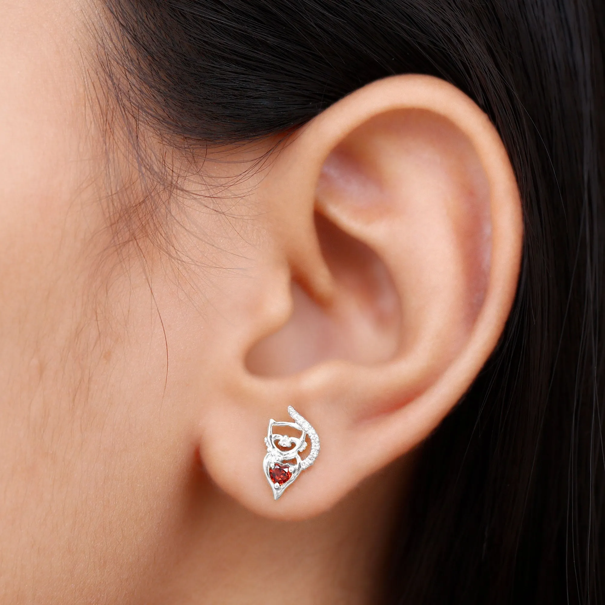 1/2 CT Cat Stud Earrings with Heart Shape Garnet and Diamond Accent