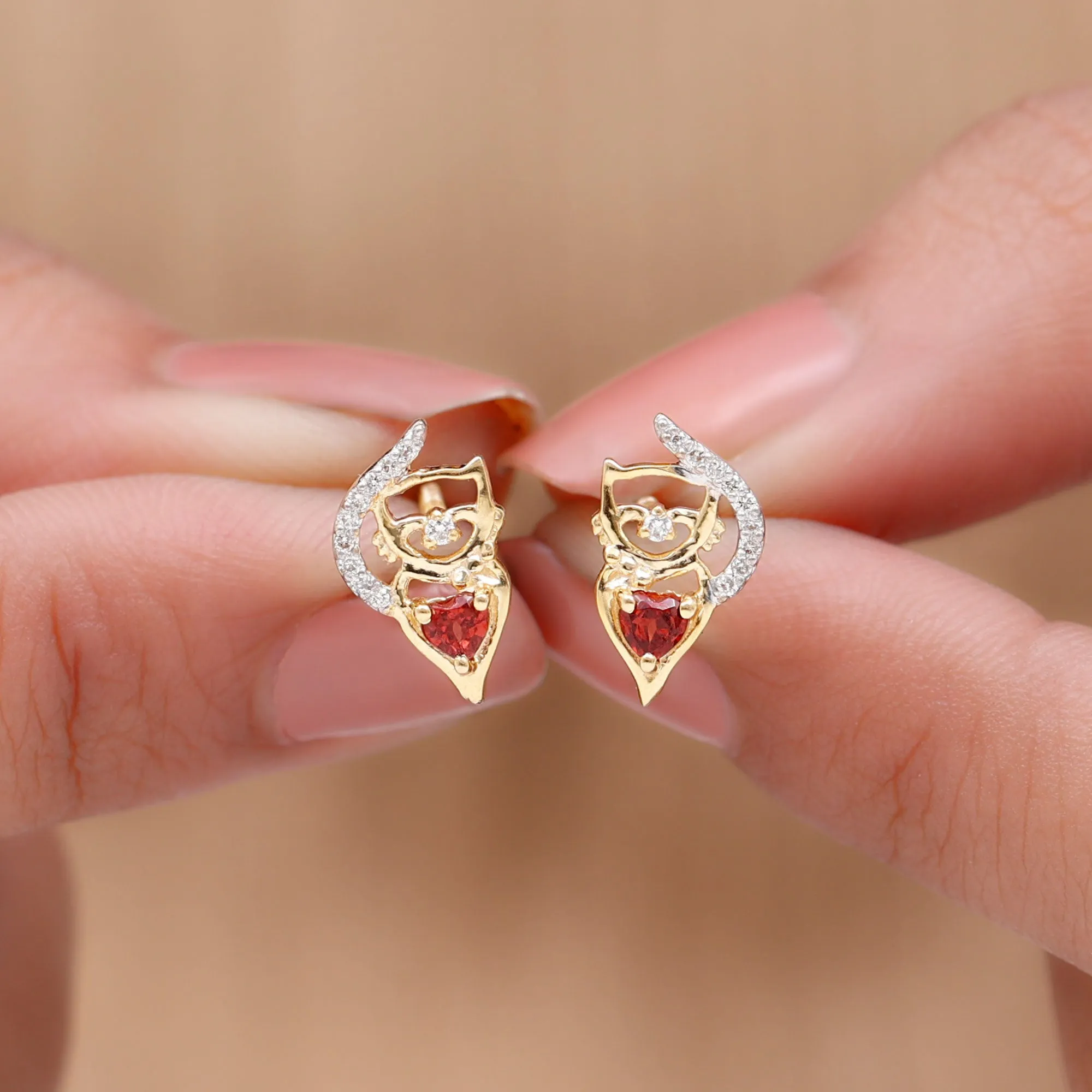 1/2 CT Cat Stud Earrings with Heart Shape Garnet and Diamond Accent