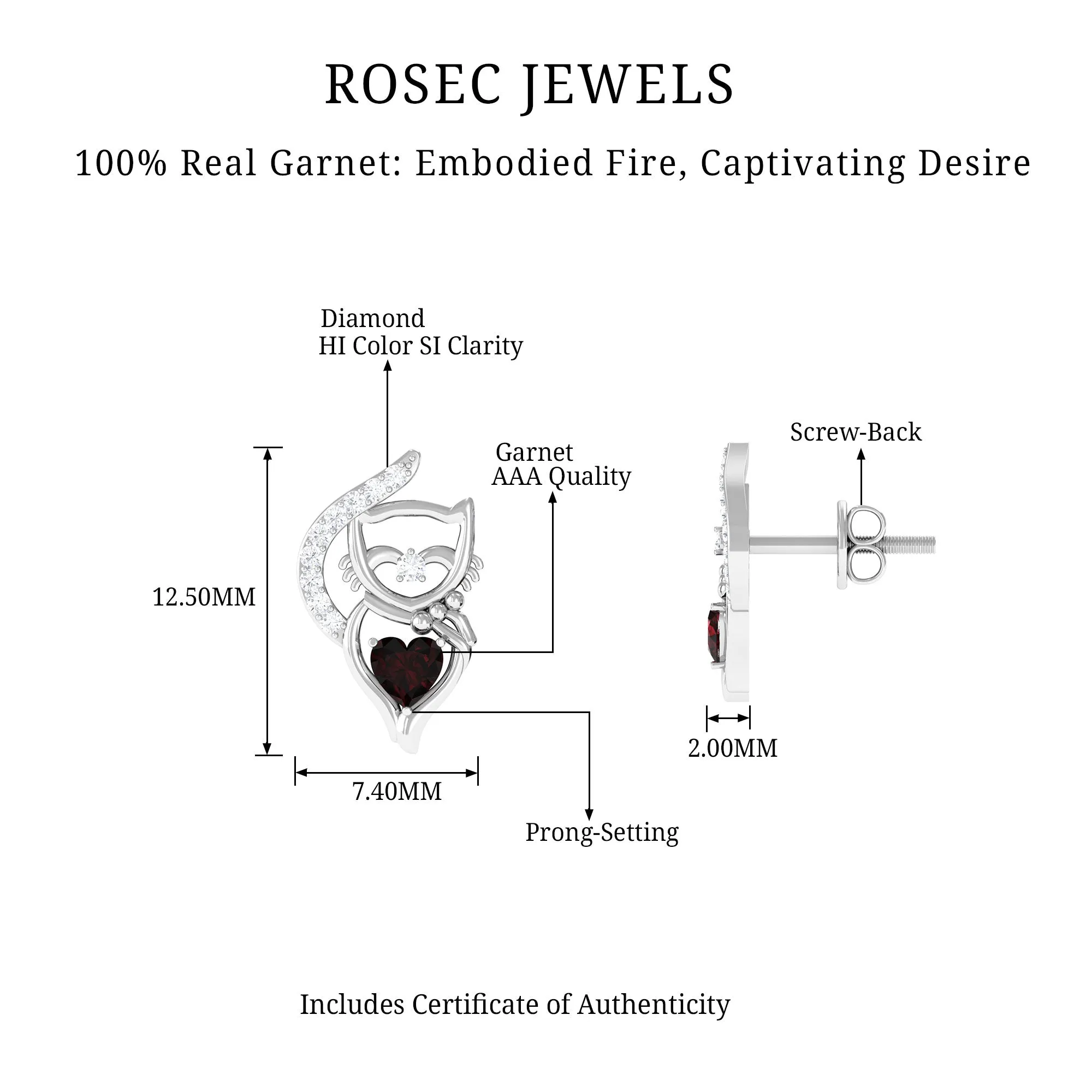 1/2 CT Cat Stud Earrings with Heart Shape Garnet and Diamond Accent