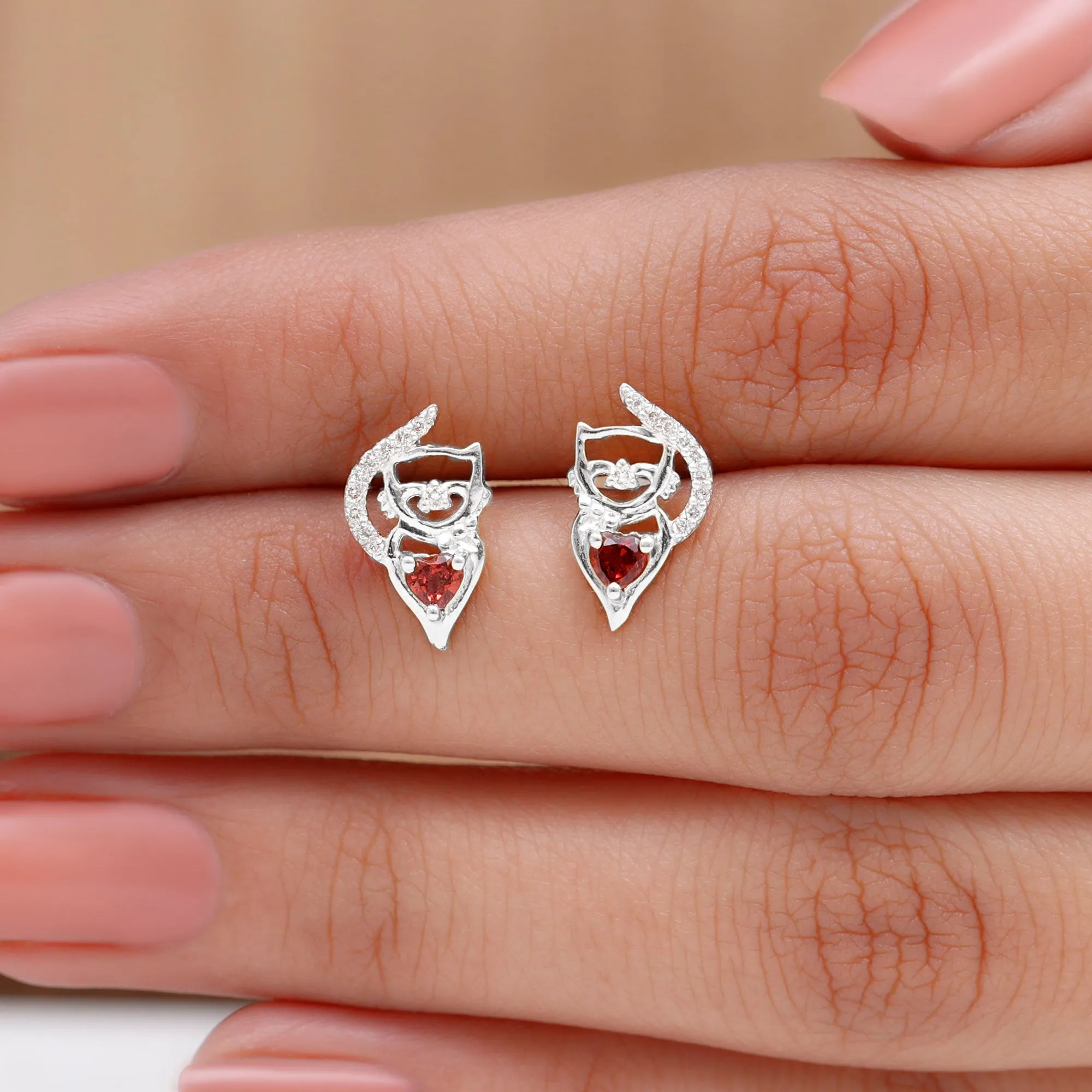 1/2 CT Cat Stud Earrings with Heart Shape Garnet and Diamond Accent