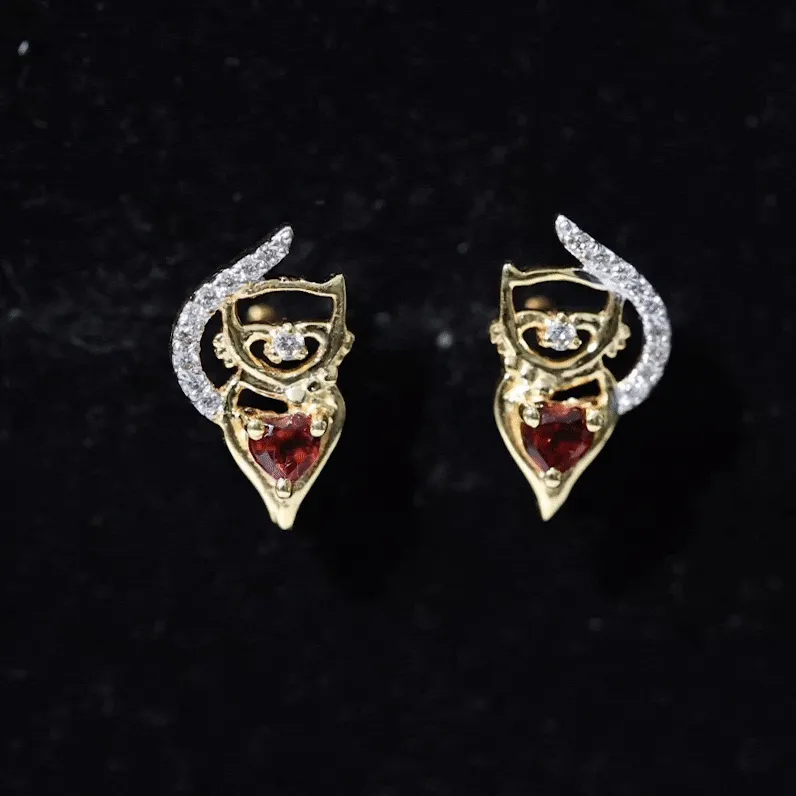 1/2 CT Cat Stud Earrings with Heart Shape Garnet and Diamond Accent