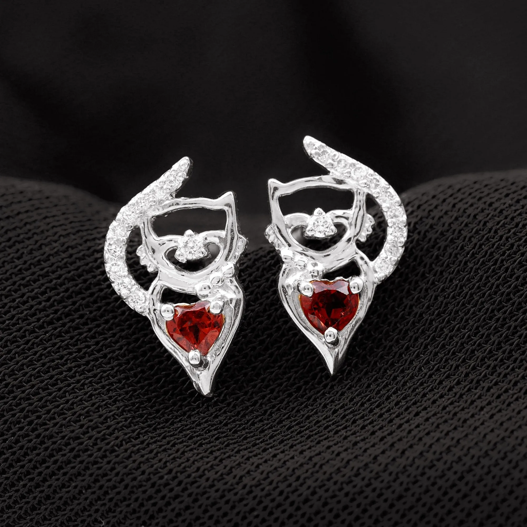 1/2 CT Cat Stud Earrings with Heart Shape Garnet and Diamond Accent