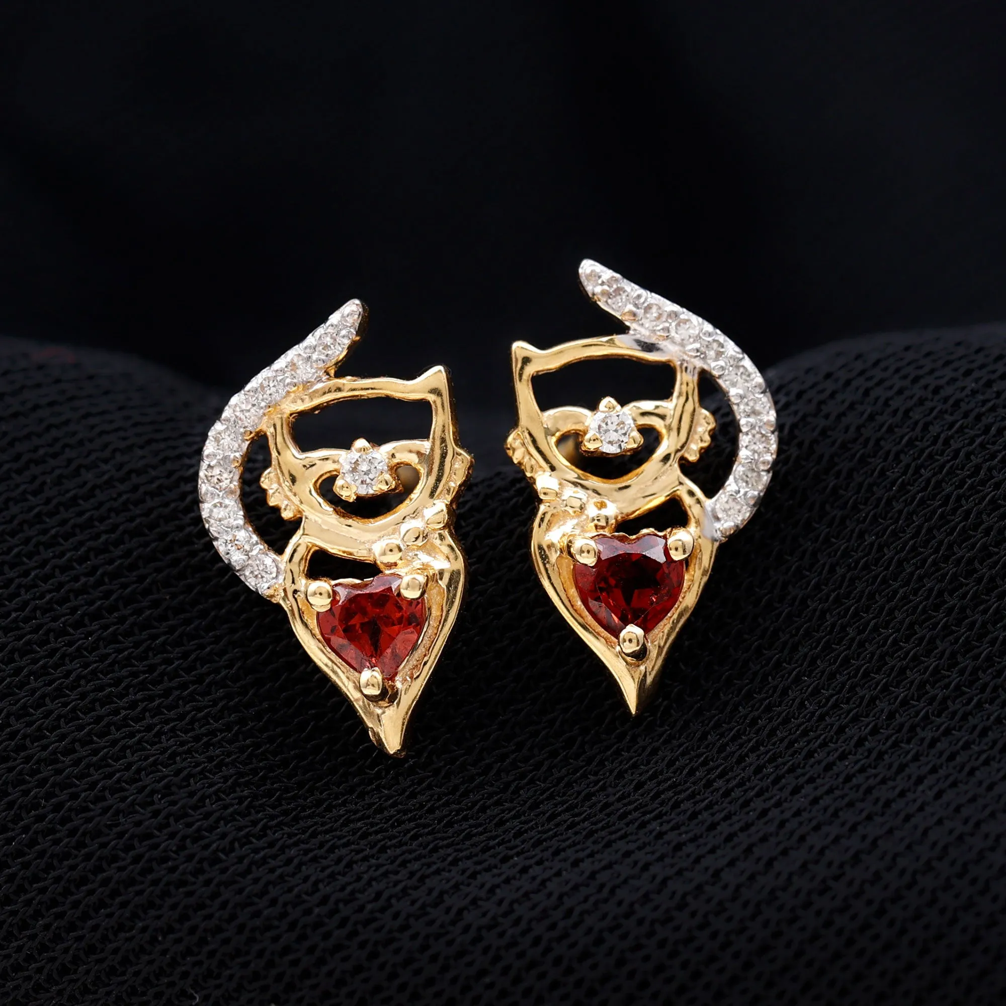 1/2 CT Cat Stud Earrings with Heart Shape Garnet and Diamond Accent