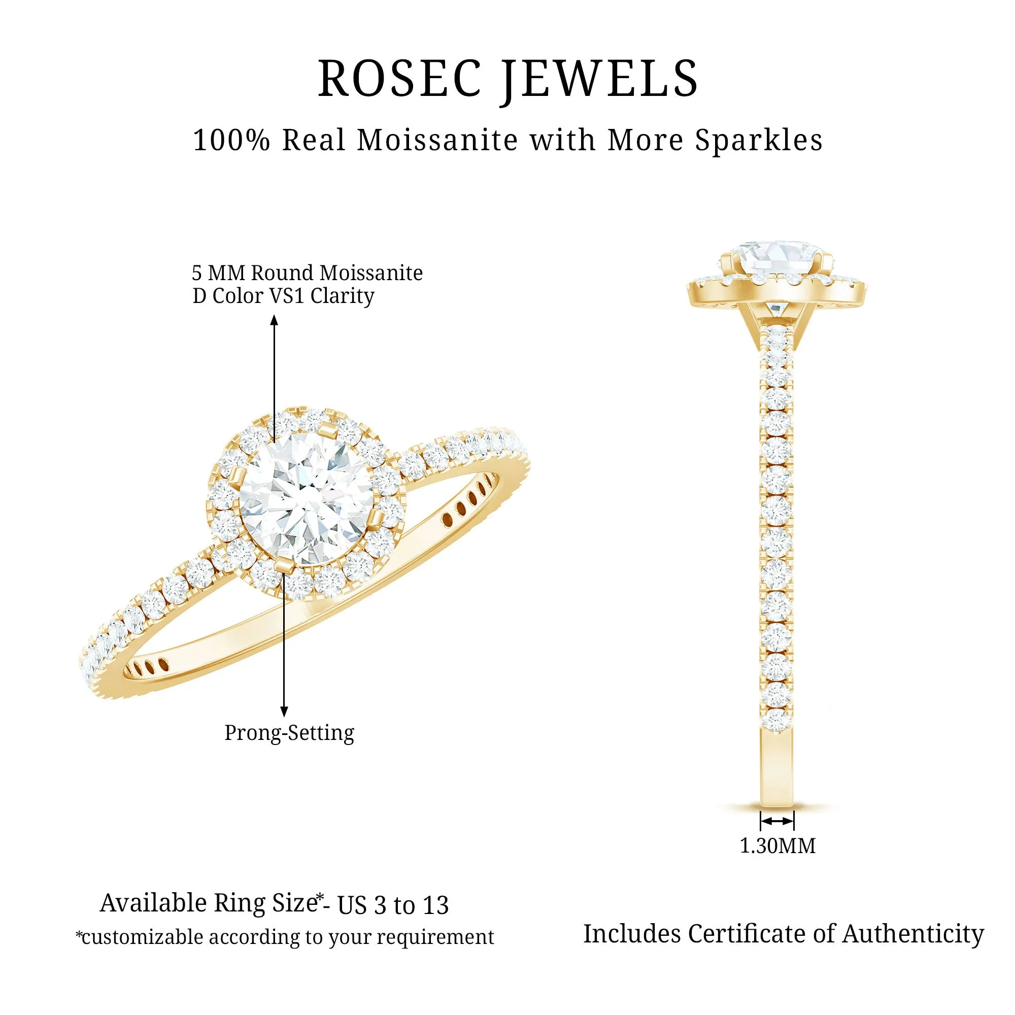 1.25 CT Moissanite Classic Halo Engagement Ring in Gold