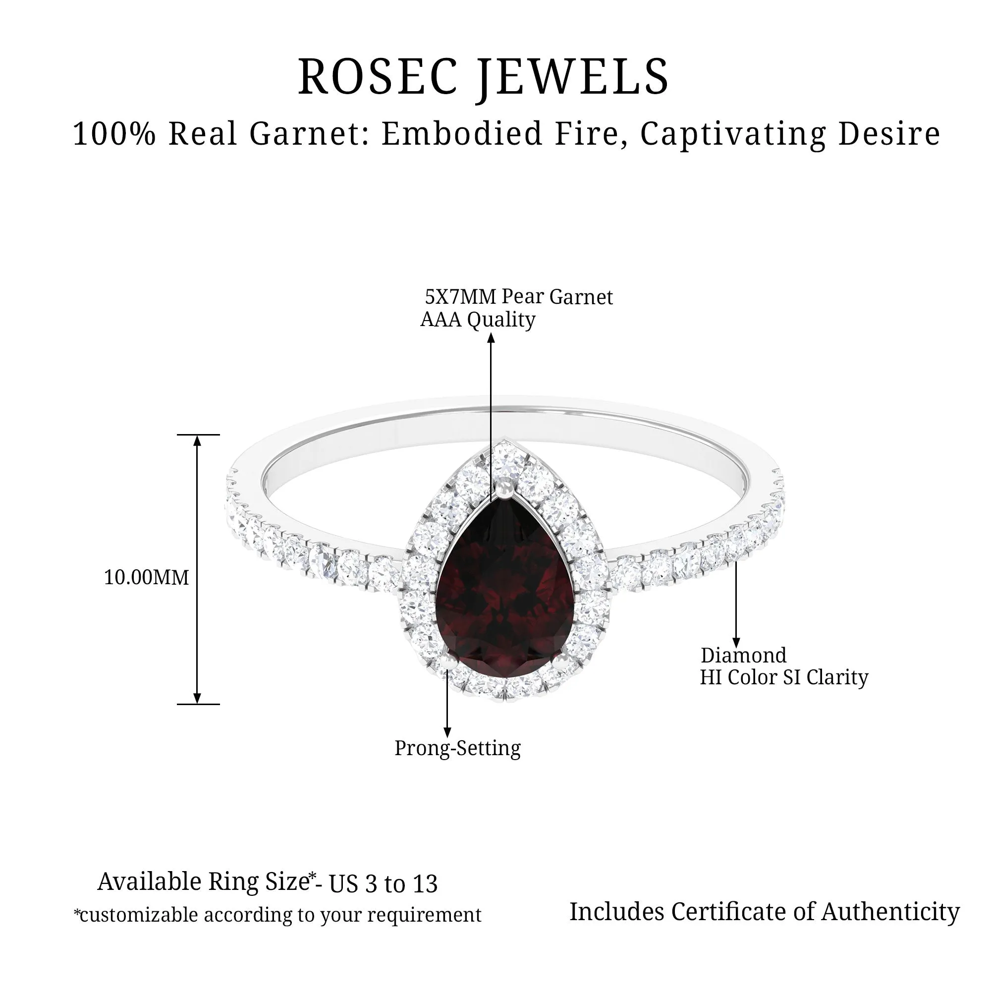 1.25 CT Pear Cut Garnet Solitaire Simple Engagement Ring with Diamond Accent