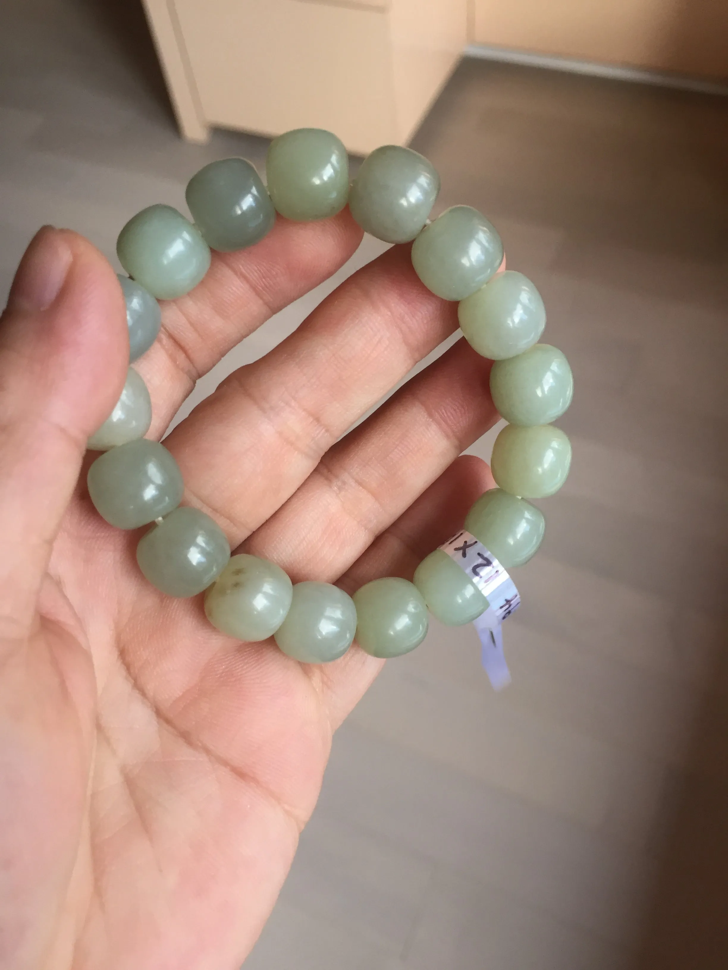 12x10.9mm 100% Natural light green/yellow vintage style nephrite Hetian Jade bead bracelet HE94