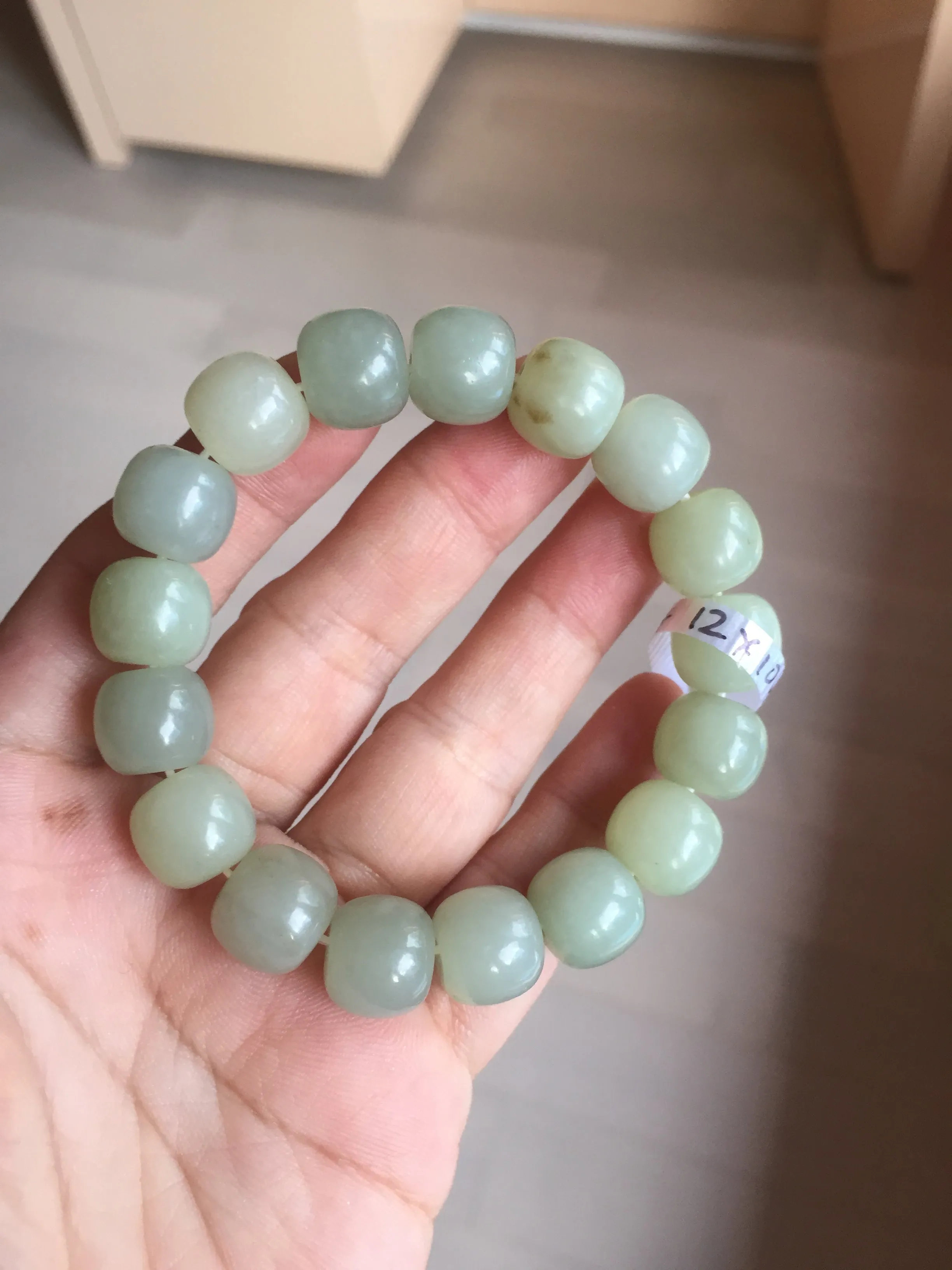 12x10.9mm 100% Natural light green/yellow vintage style nephrite Hetian Jade bead bracelet HE94