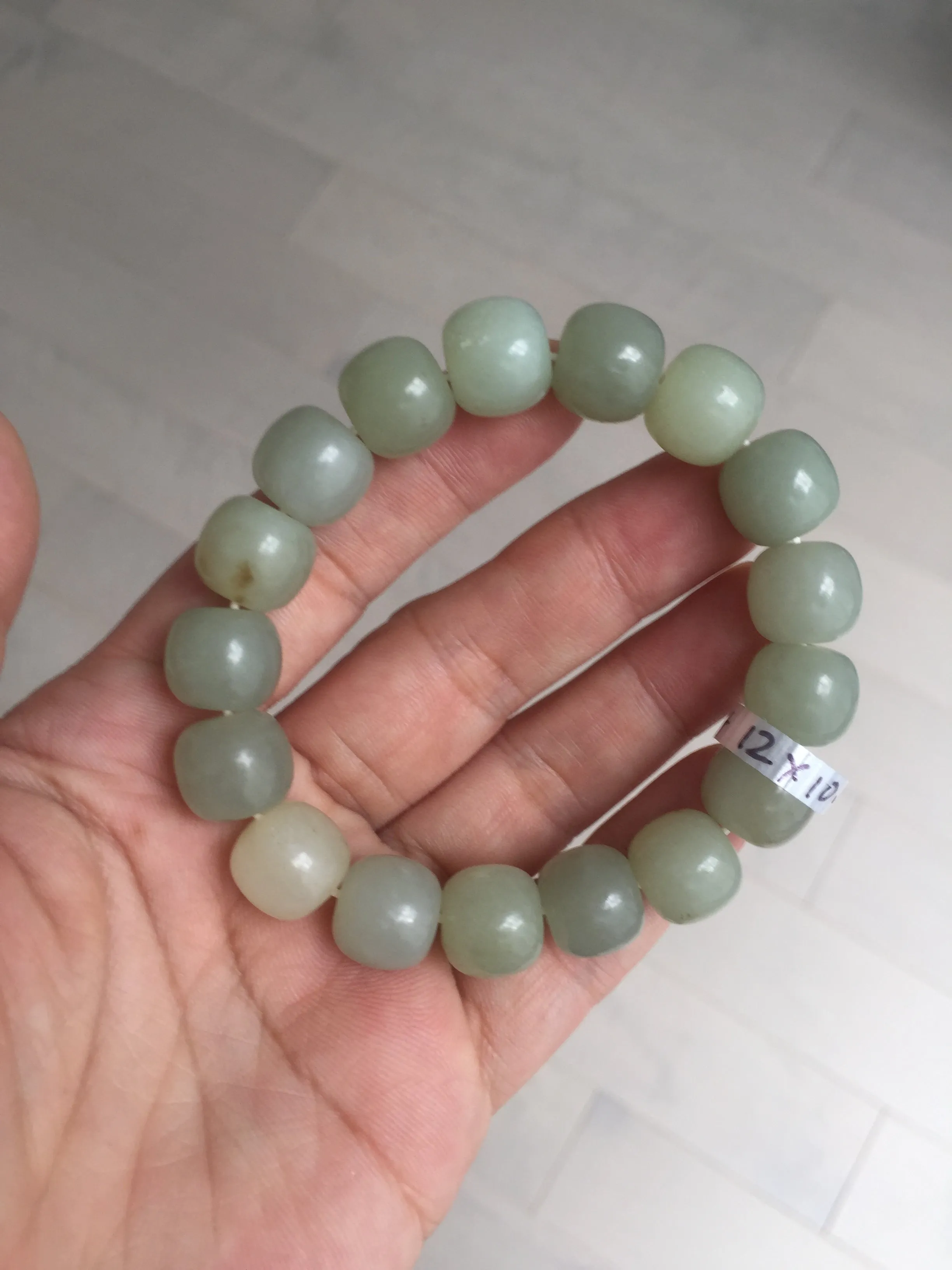 12x10.9mm 100% Natural light green/yellow vintage style nephrite Hetian Jade bead bracelet HE94