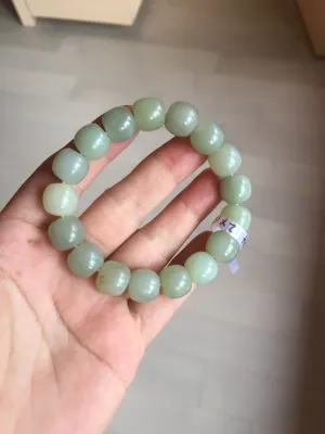 12x10.9mm 100% Natural light green/yellow vintage style nephrite Hetian Jade bead bracelet HE94