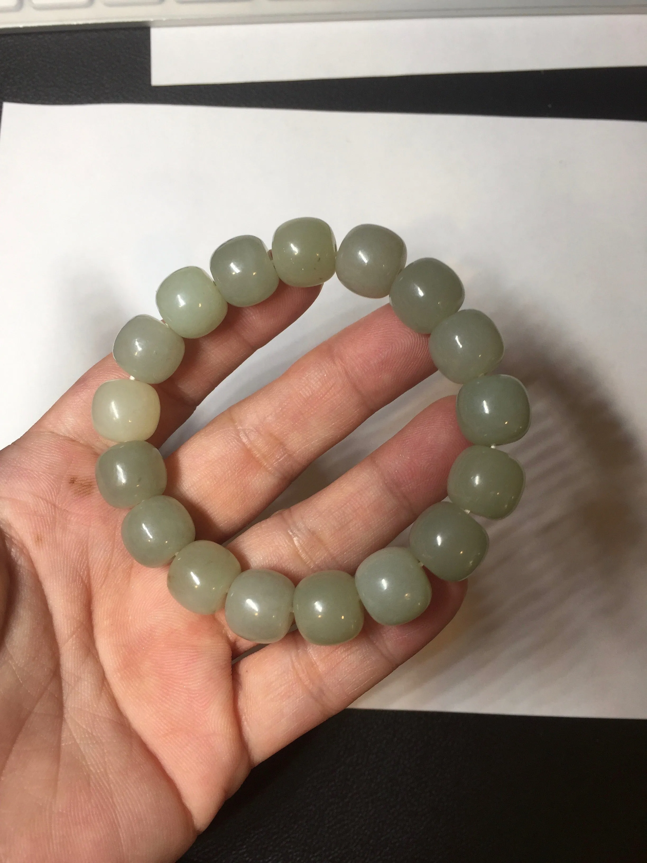 12x10.9mm 100% Natural light green/yellow vintage style nephrite Hetian Jade bead bracelet HE94