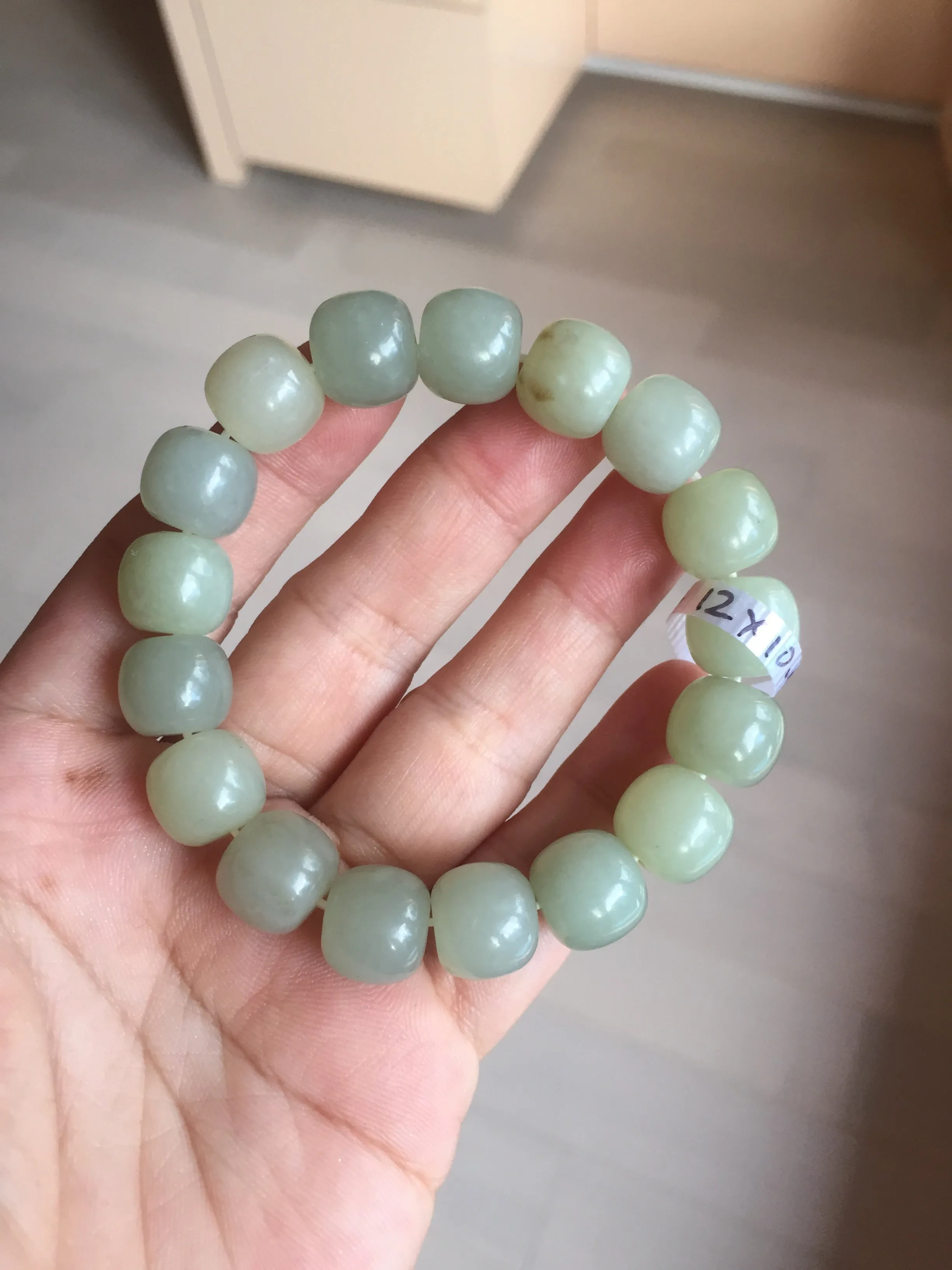 12x10.9mm 100% Natural light green/yellow vintage style nephrite Hetian Jade bead bracelet HE94
