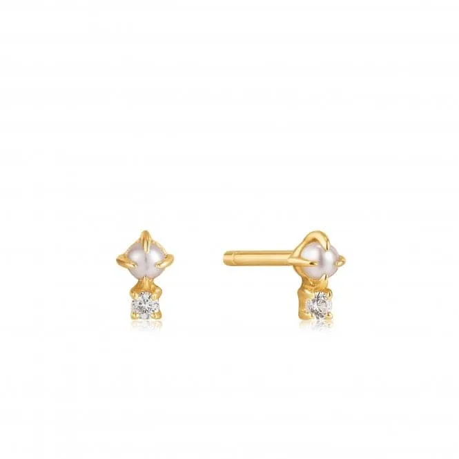 14ct Gold Pearl And White Sapphire Stud Earrings  EAU003-02YG