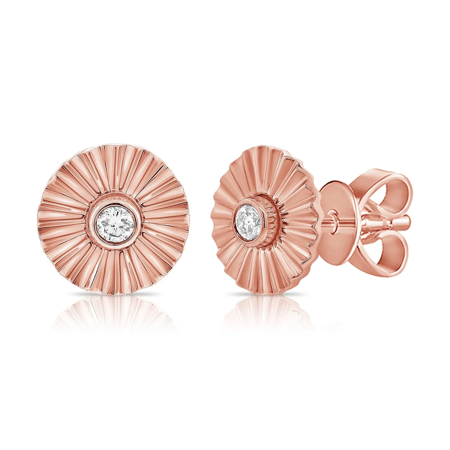 14K Gold & Diamond Classic Flutted Stud Earrings - 0.06ct
