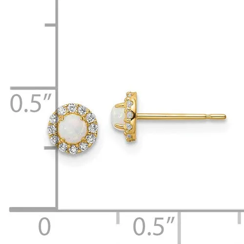 14k Gold Created Opal and CZ Halo Post Earrings