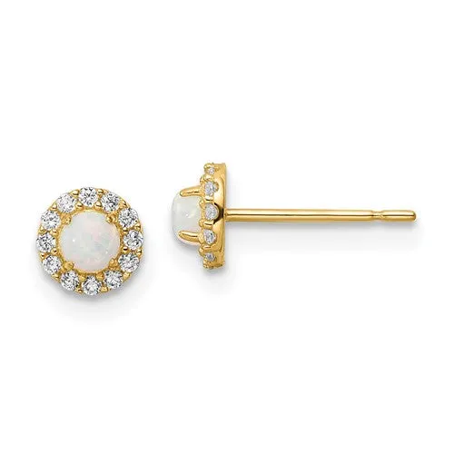 14k Gold Created Opal and CZ Halo Post Earrings