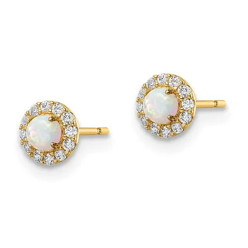 14k Gold Created Opal and CZ Halo Post Earrings
