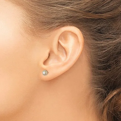 14k Gold Created Opal and CZ Halo Post Earrings