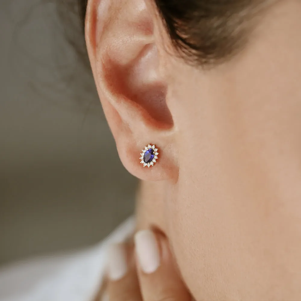 14k Oval Cut Blue Sapphire Earrings with Diamonds