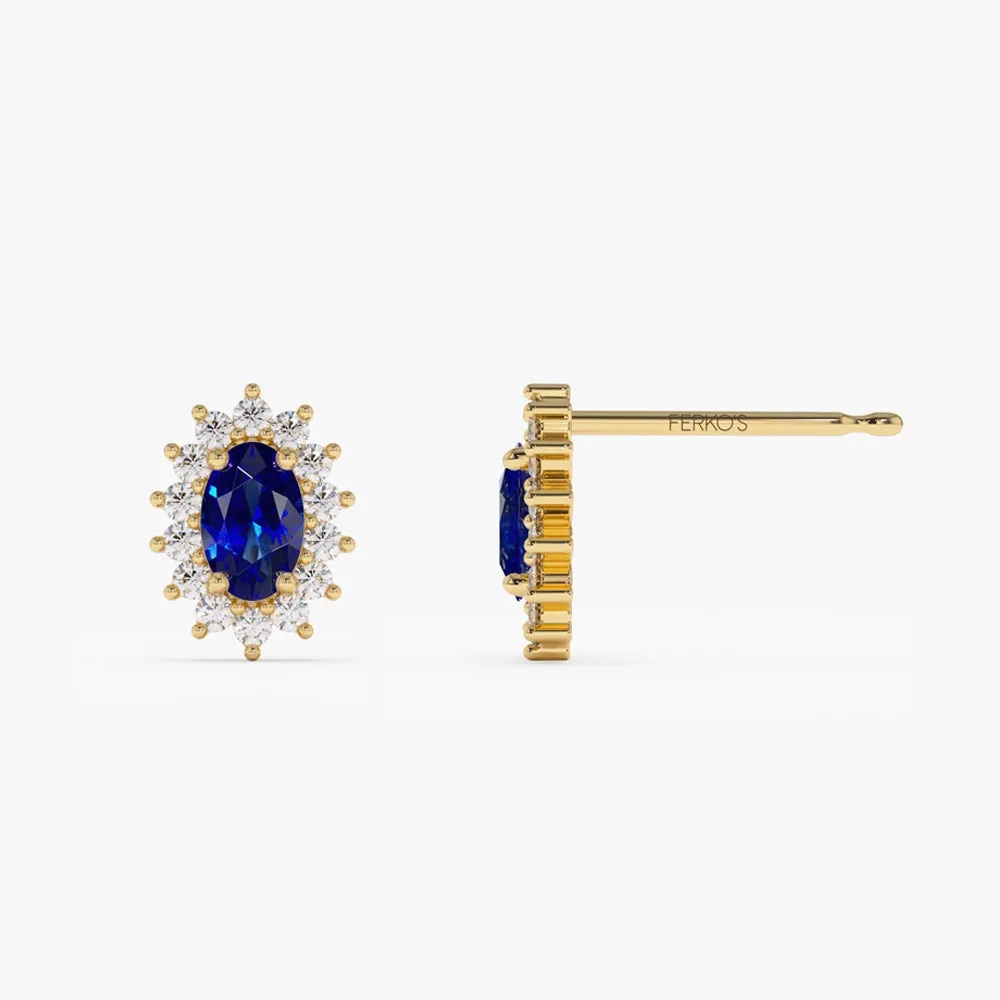 14k Oval Cut Blue Sapphire Earrings with Diamonds