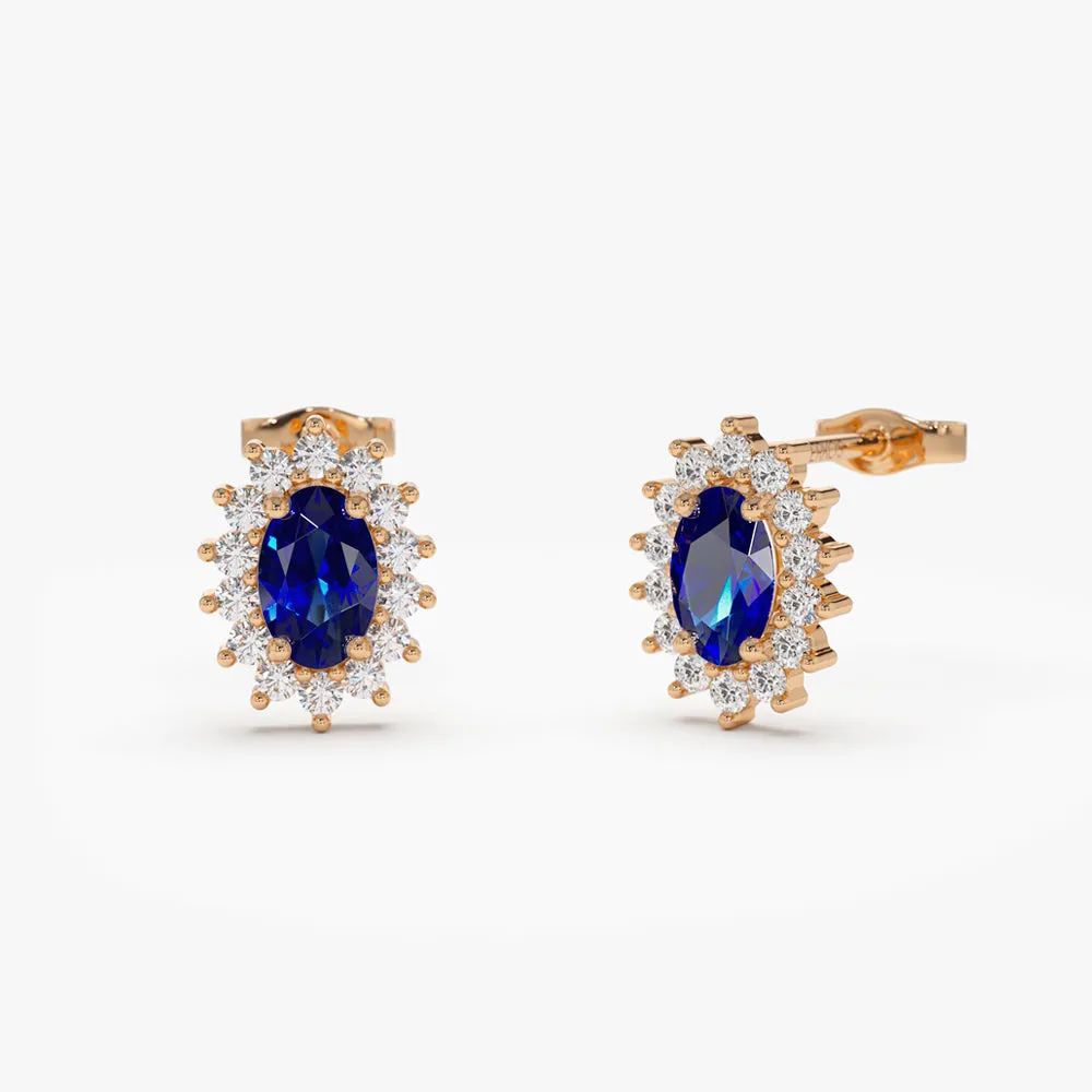 14k Oval Cut Blue Sapphire Earrings with Diamonds