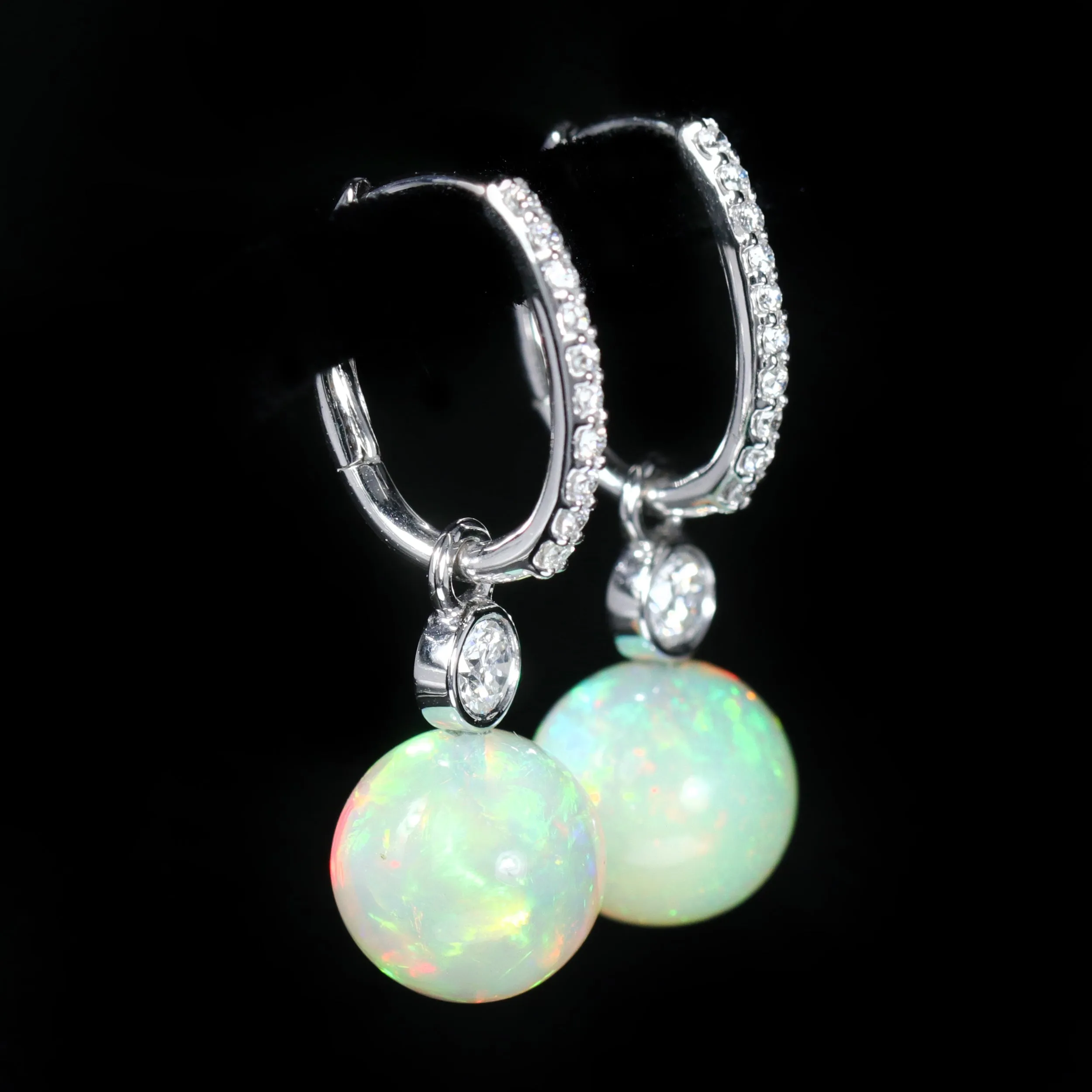14K White Gold 7.52 CTW Opal and Diamond Dangle Earrings