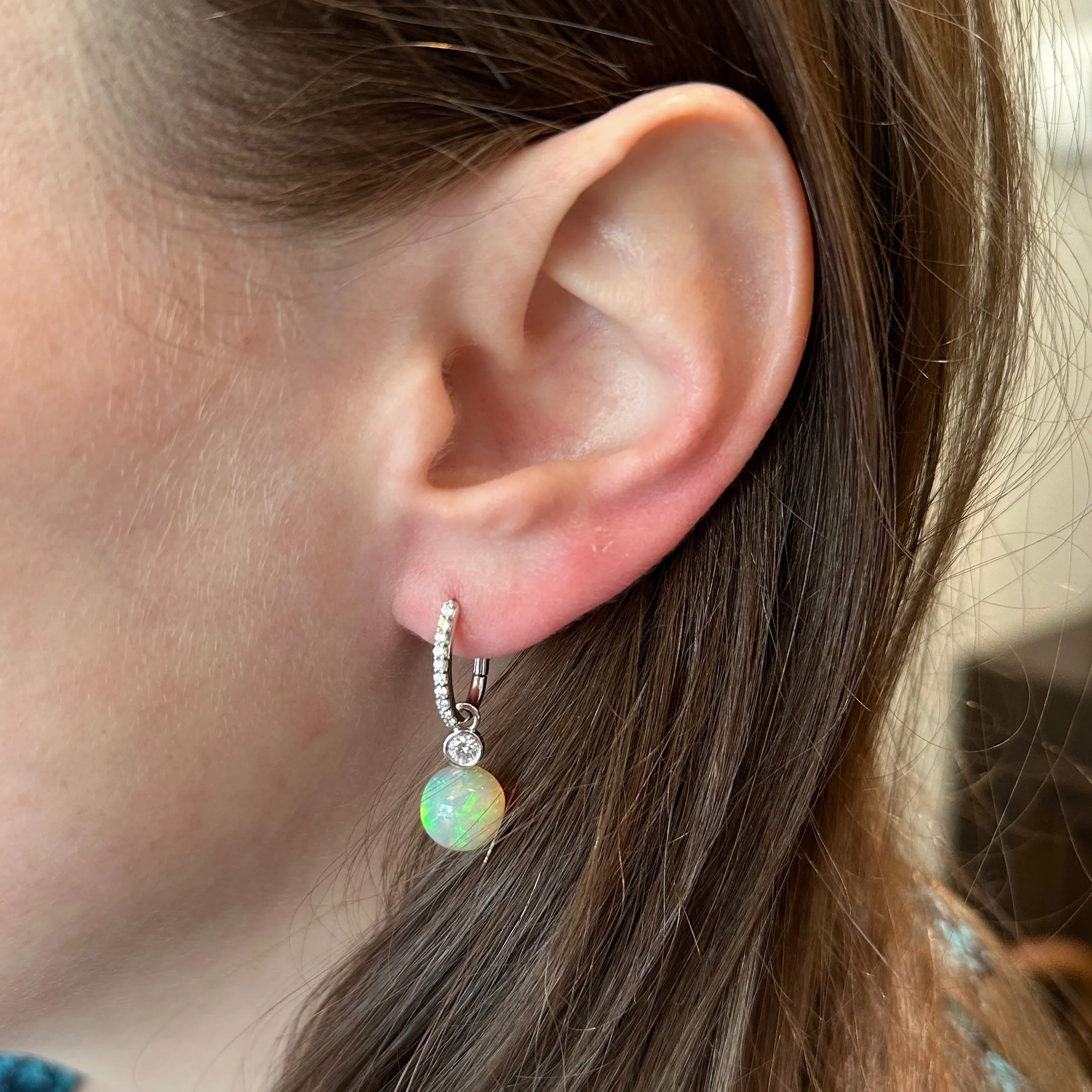 14K White Gold 7.52 CTW Opal and Diamond Dangle Earrings