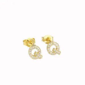14k Yellow Gold Created White Sapphire Initial Q Letter Stud Earrings Plated