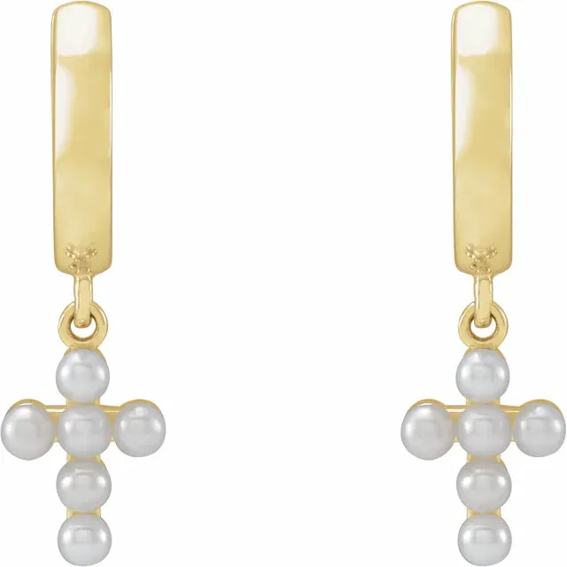 14K Yellow Gold Cultured White Seed Pearl Cross Hoop Earrings