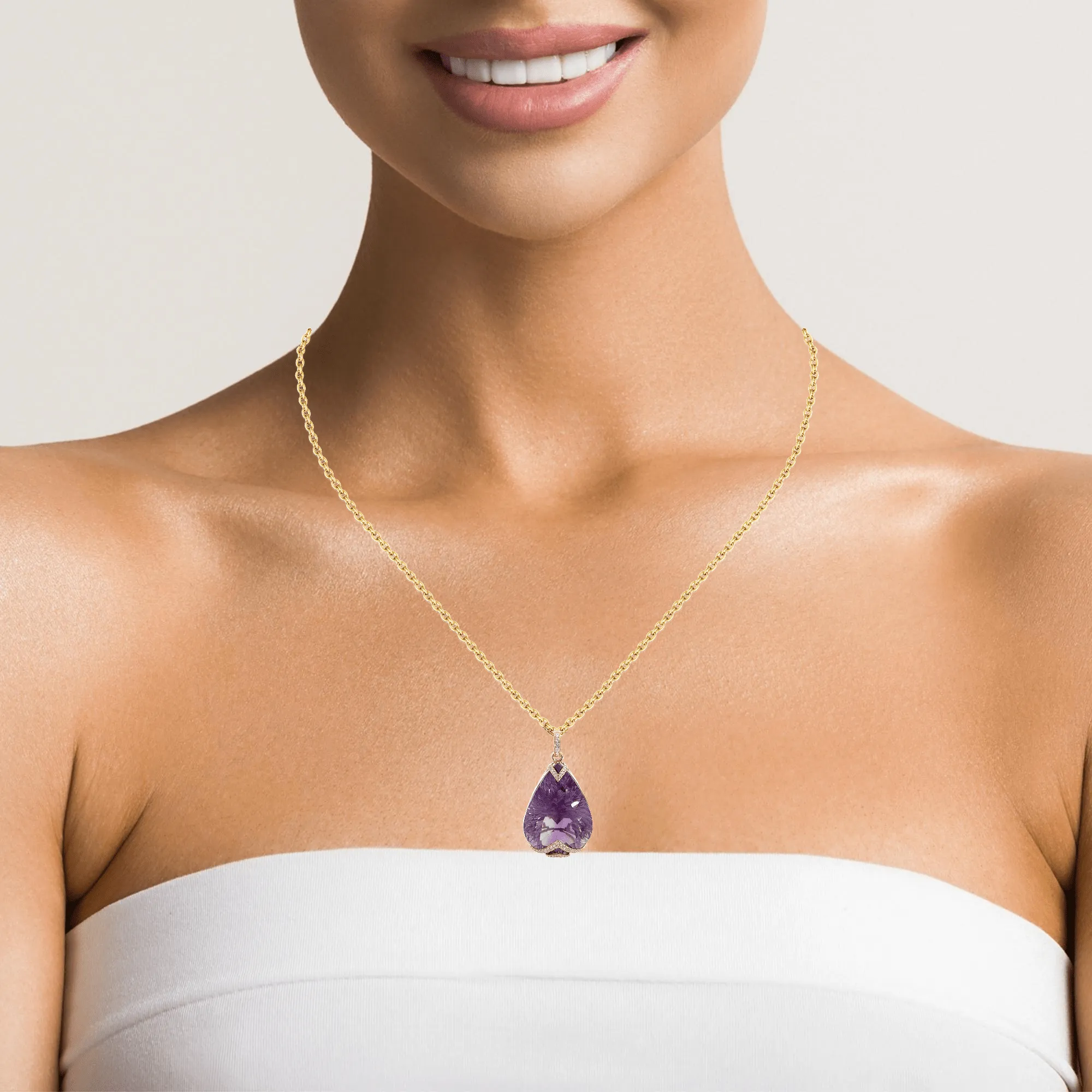 14k Yellow Gold Genuine Amethyst and Diamond Pendant Necklace