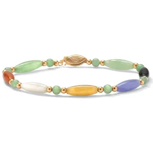 14K Yellow Gold Genuine Multicolor Jade Beaded and Barrel Strand Bracelet (5mm), Fish Hook Clasp, 7.5 inches