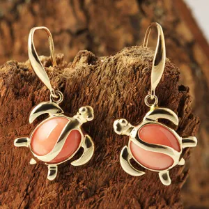 14K Yellow Gold Pink Coral Inlaid Honu (Hawaiian Turtle) Hook Earrings