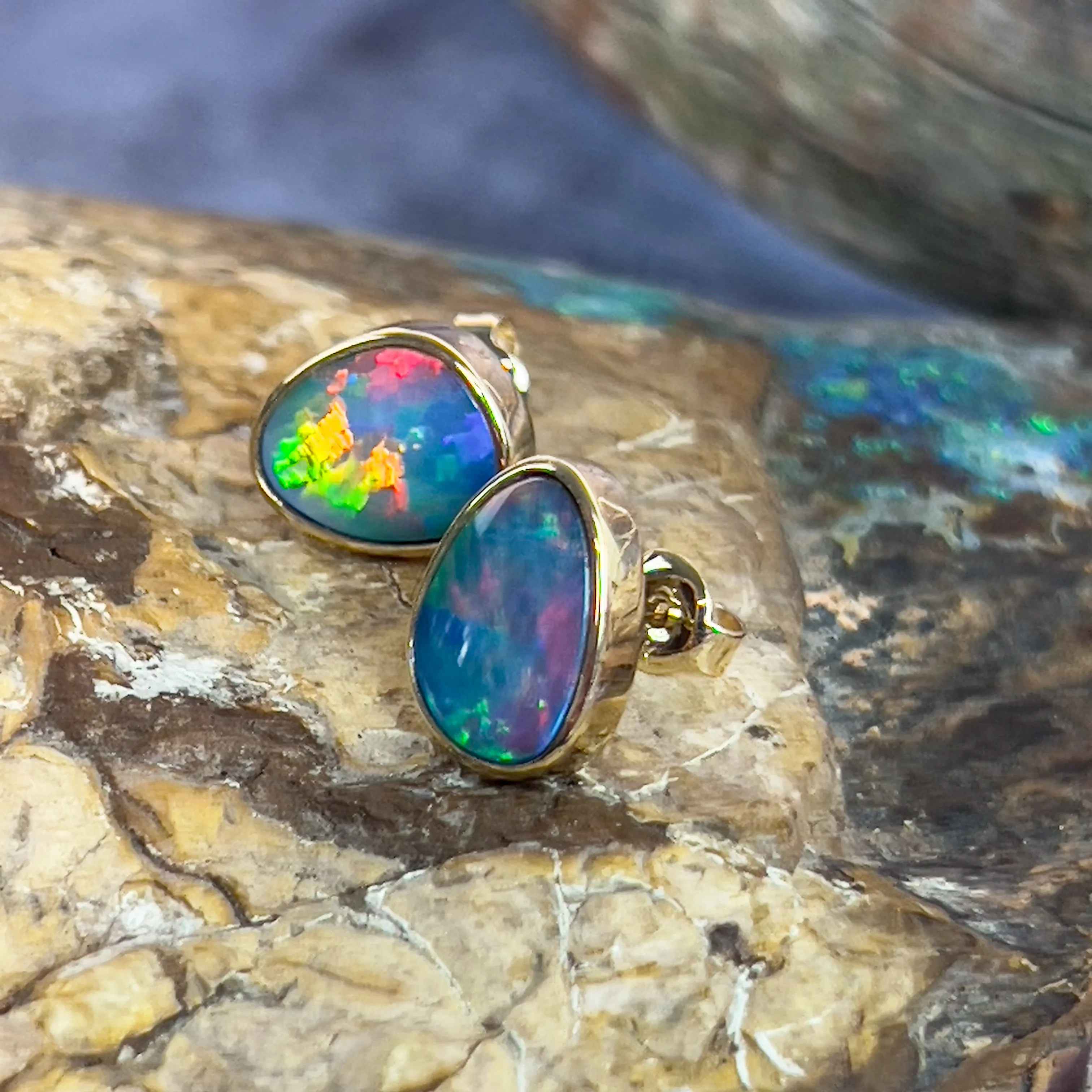 14kt Yellow Gold freeform opal doublet red studs