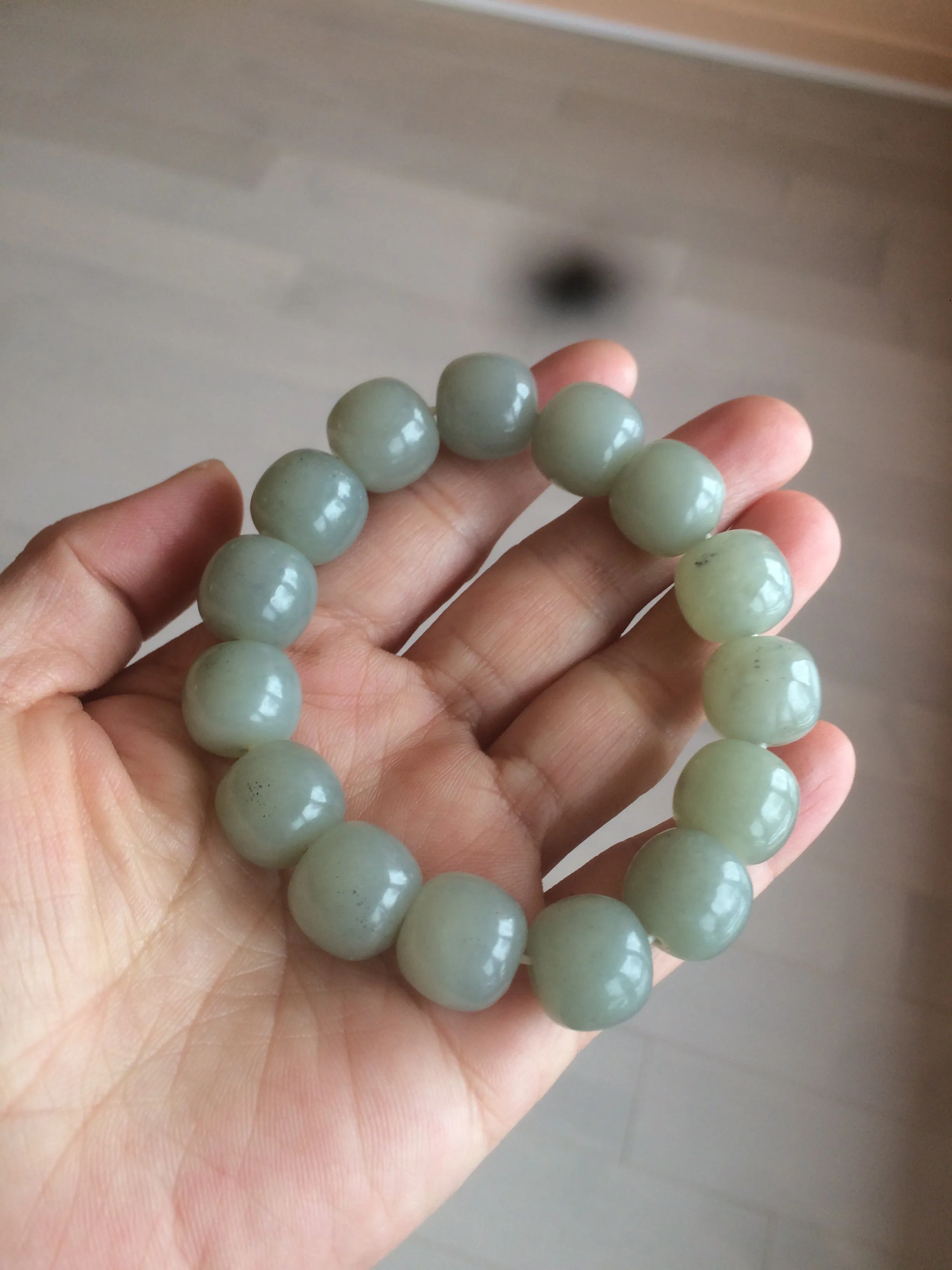 14x13mm 100% Natural light green/gray vintage style nephrite Hetian Jade bead bracelet HF28