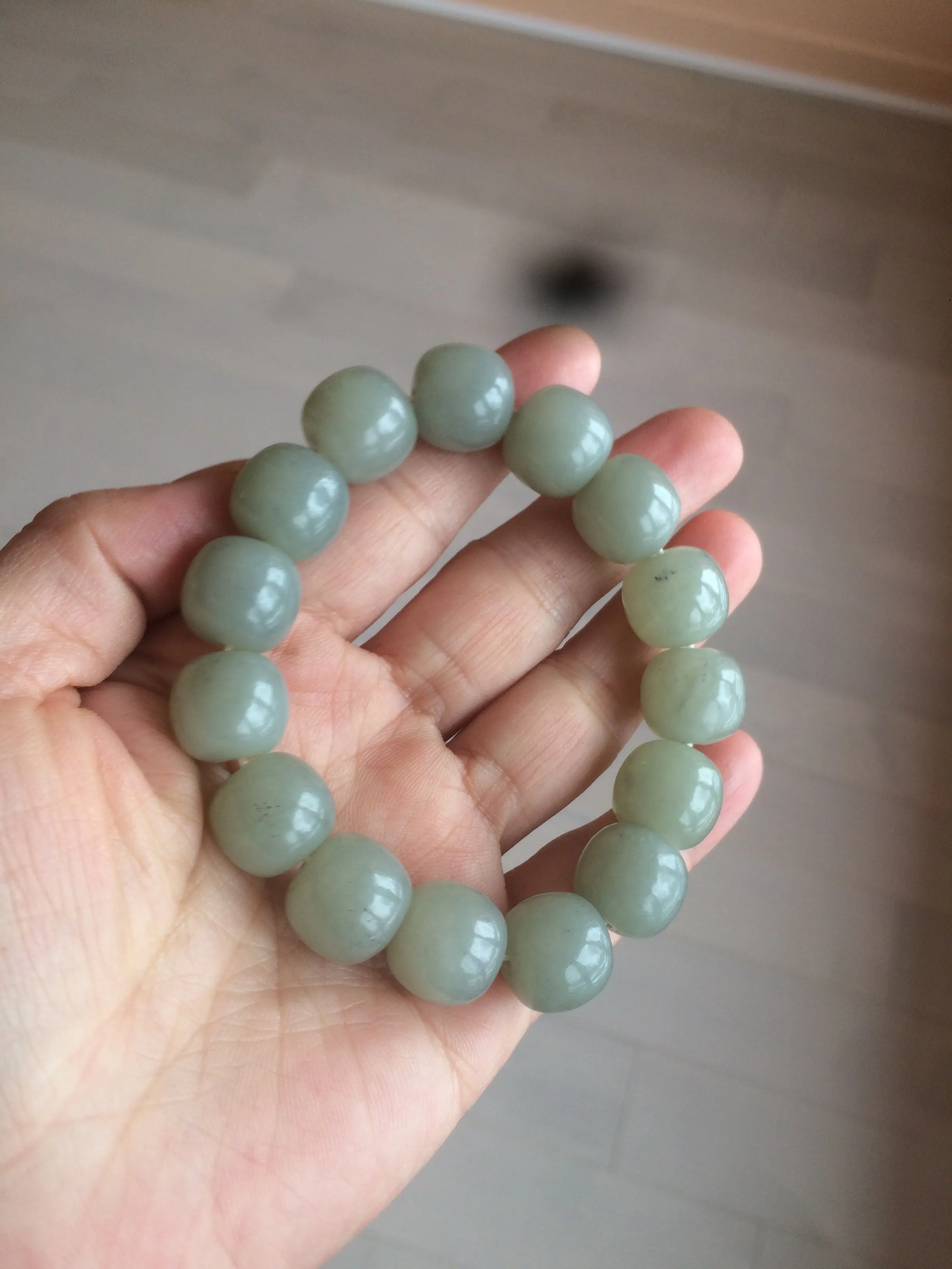 14x13mm 100% Natural light green/gray vintage style nephrite Hetian Jade bead bracelet HF28