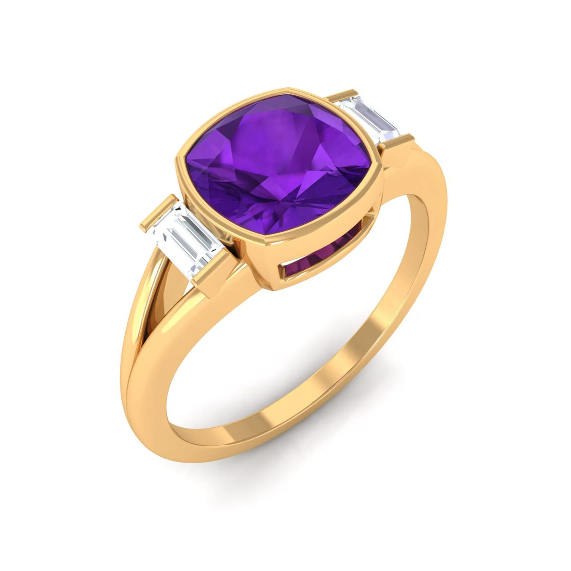 1.50 CT Cushion Cut Amethyst Engagement Ring with Baguette Diamond