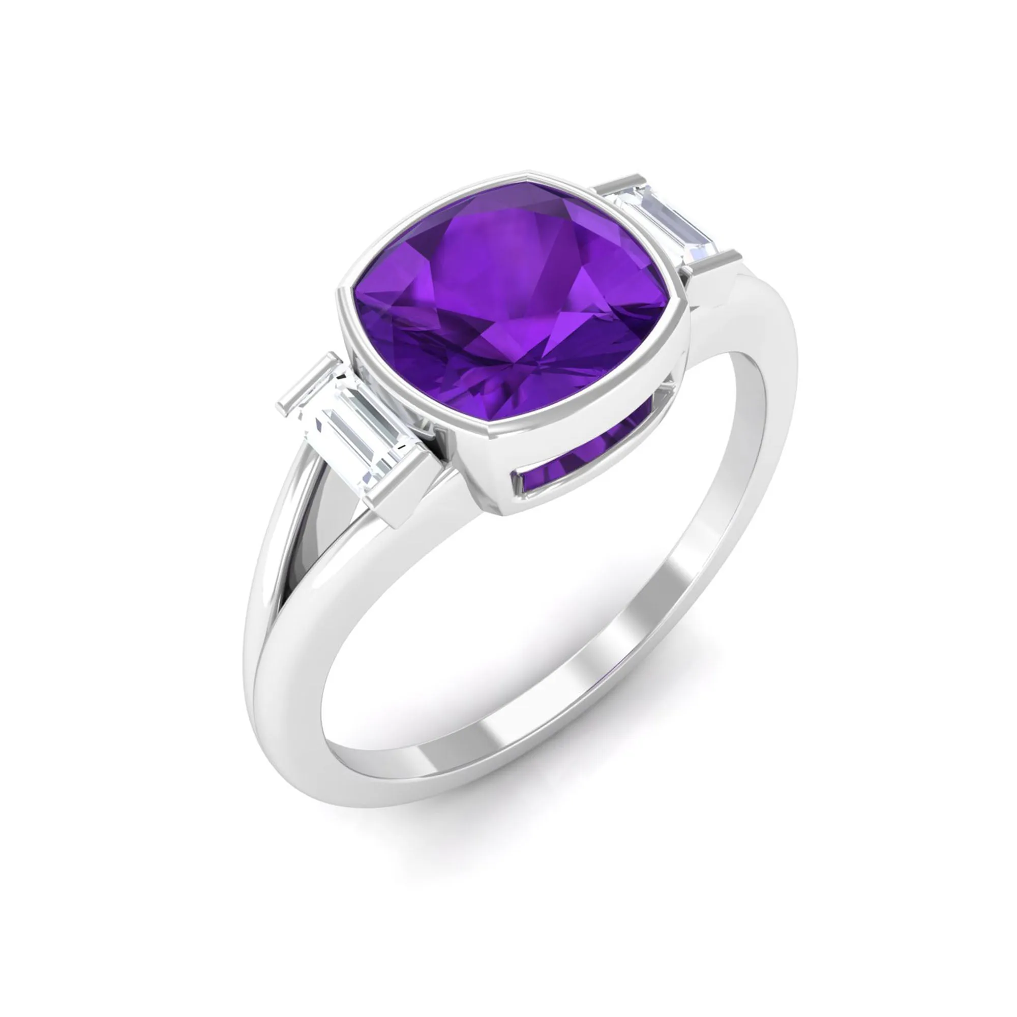 1.50 CT Cushion Cut Amethyst Engagement Ring with Baguette Diamond