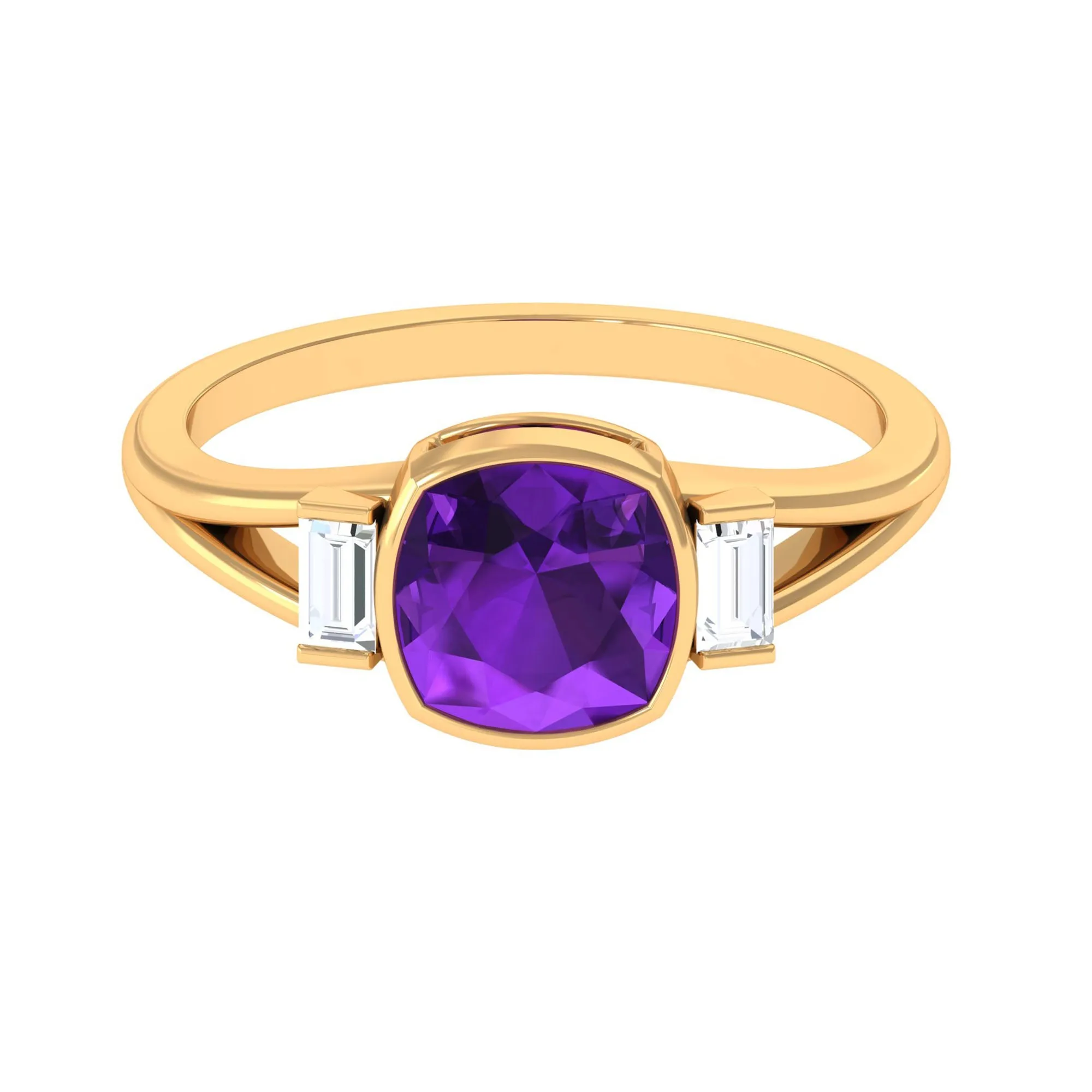 1.50 CT Cushion Cut Amethyst Engagement Ring with Baguette Diamond