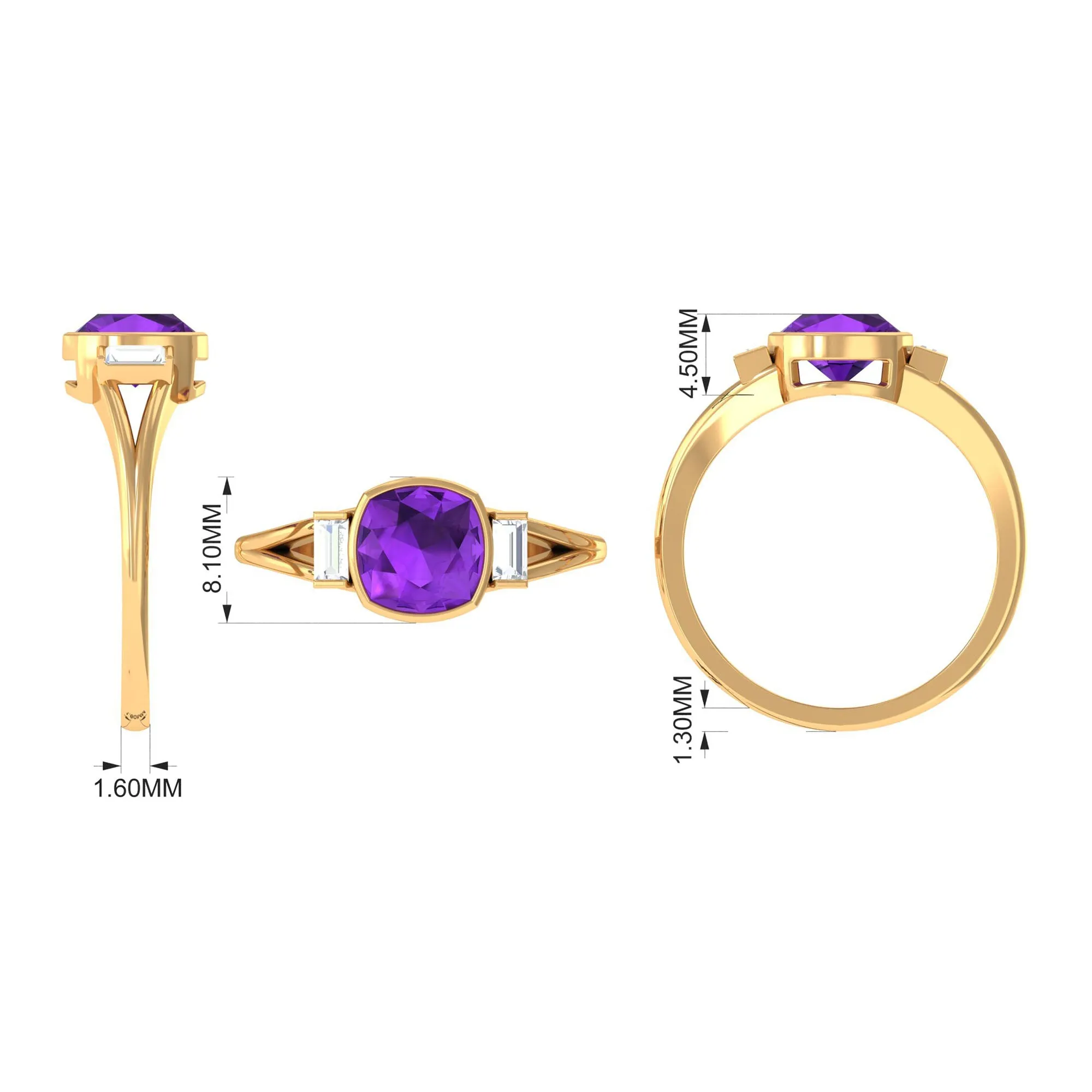 1.50 CT Cushion Cut Amethyst Engagement Ring with Baguette Diamond